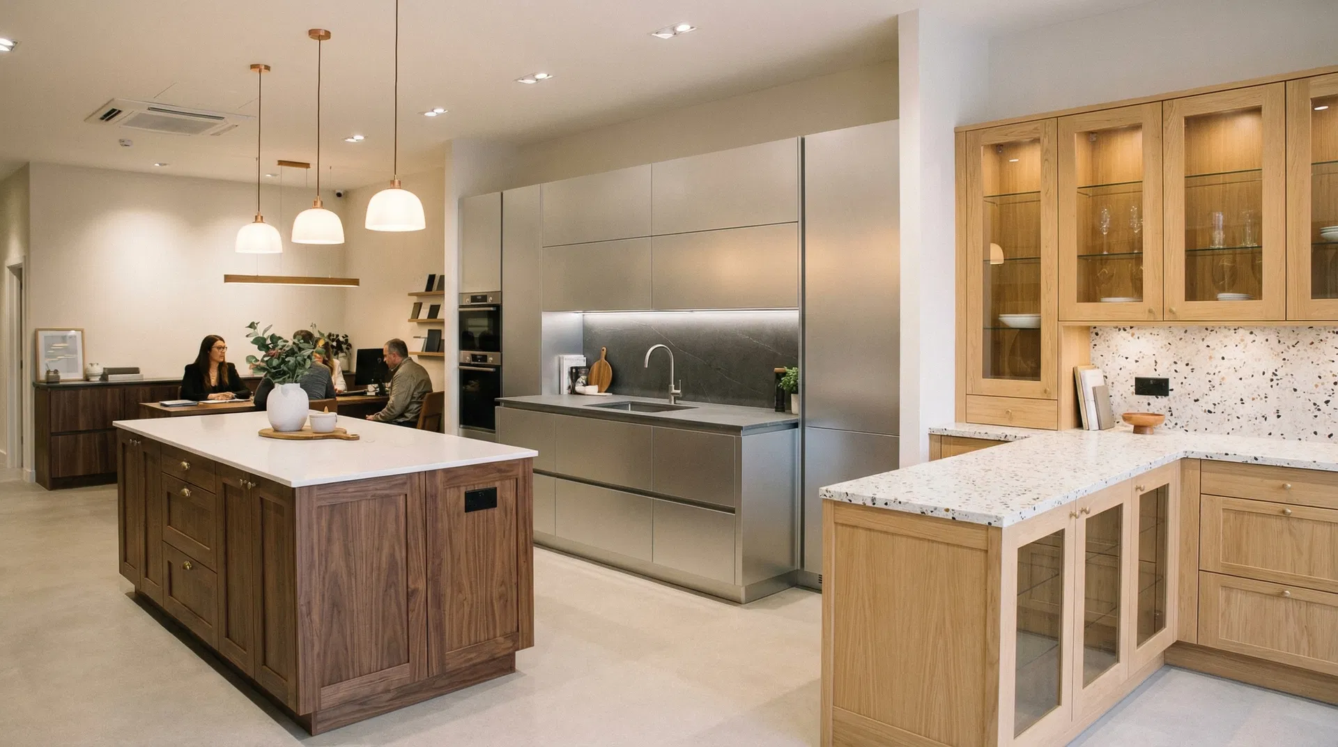 AmpQuartz showroom with multiple kitchen displays