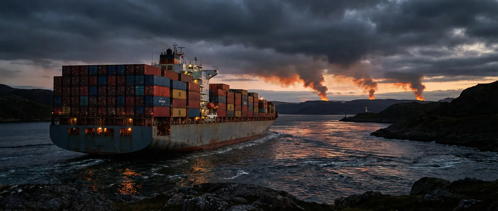 Container ship navigating through a strait with fires on the horizon