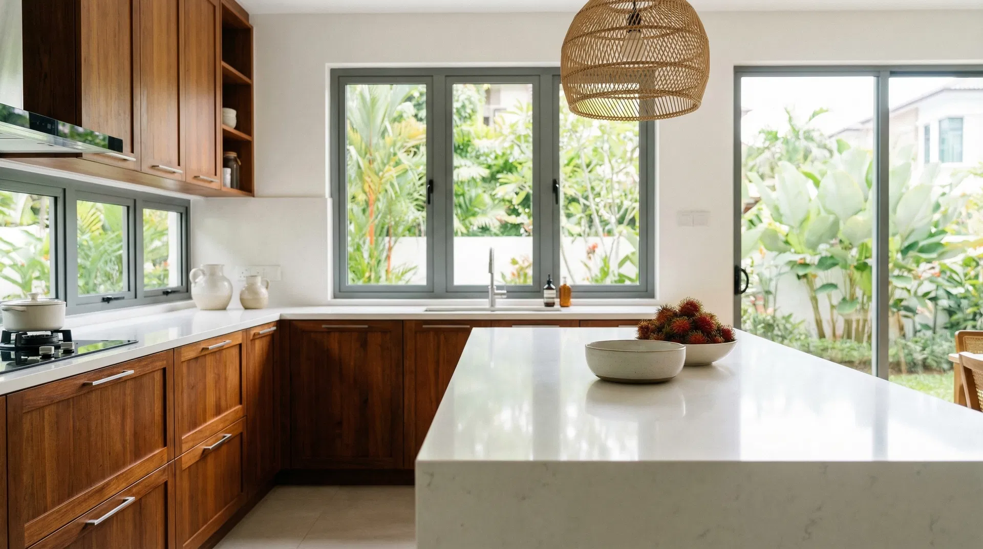 Modern Malaysian kitchen with wood cabinets and quartz countertop