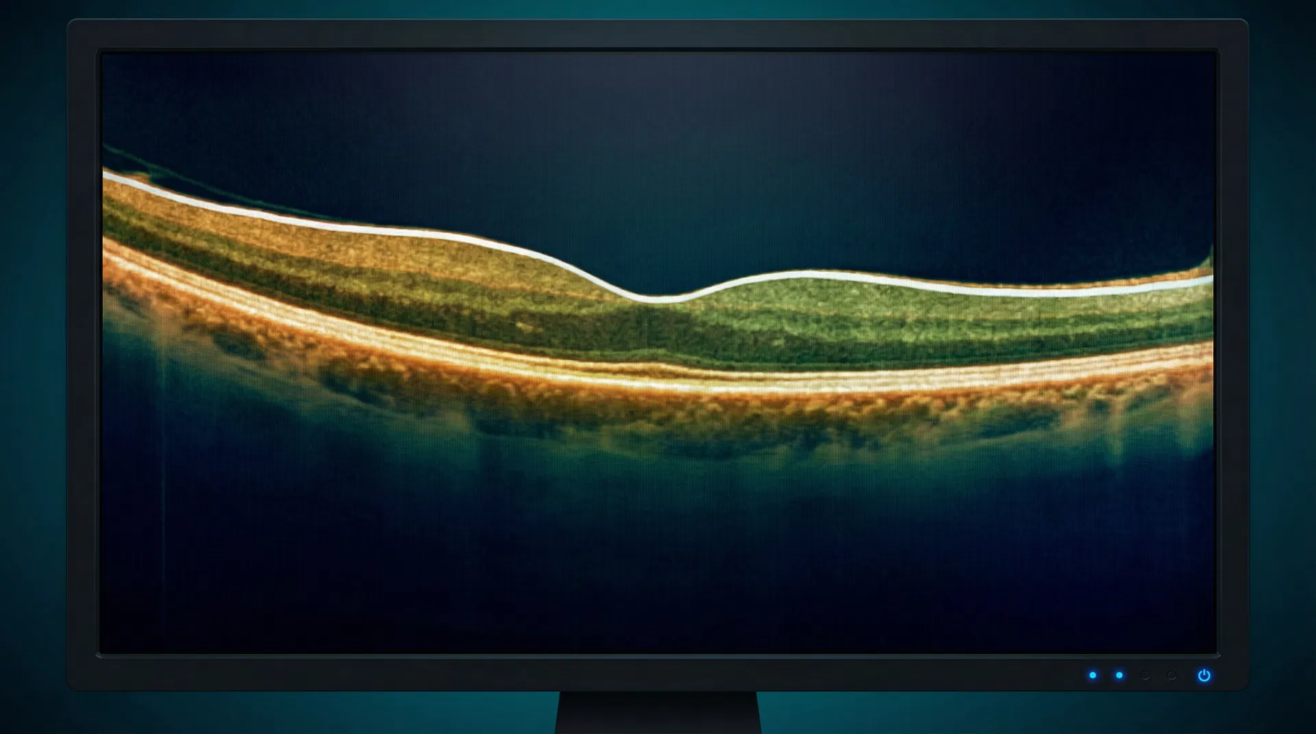 Exame de OCT da retina mostrando camadas retinianas em alta resolução