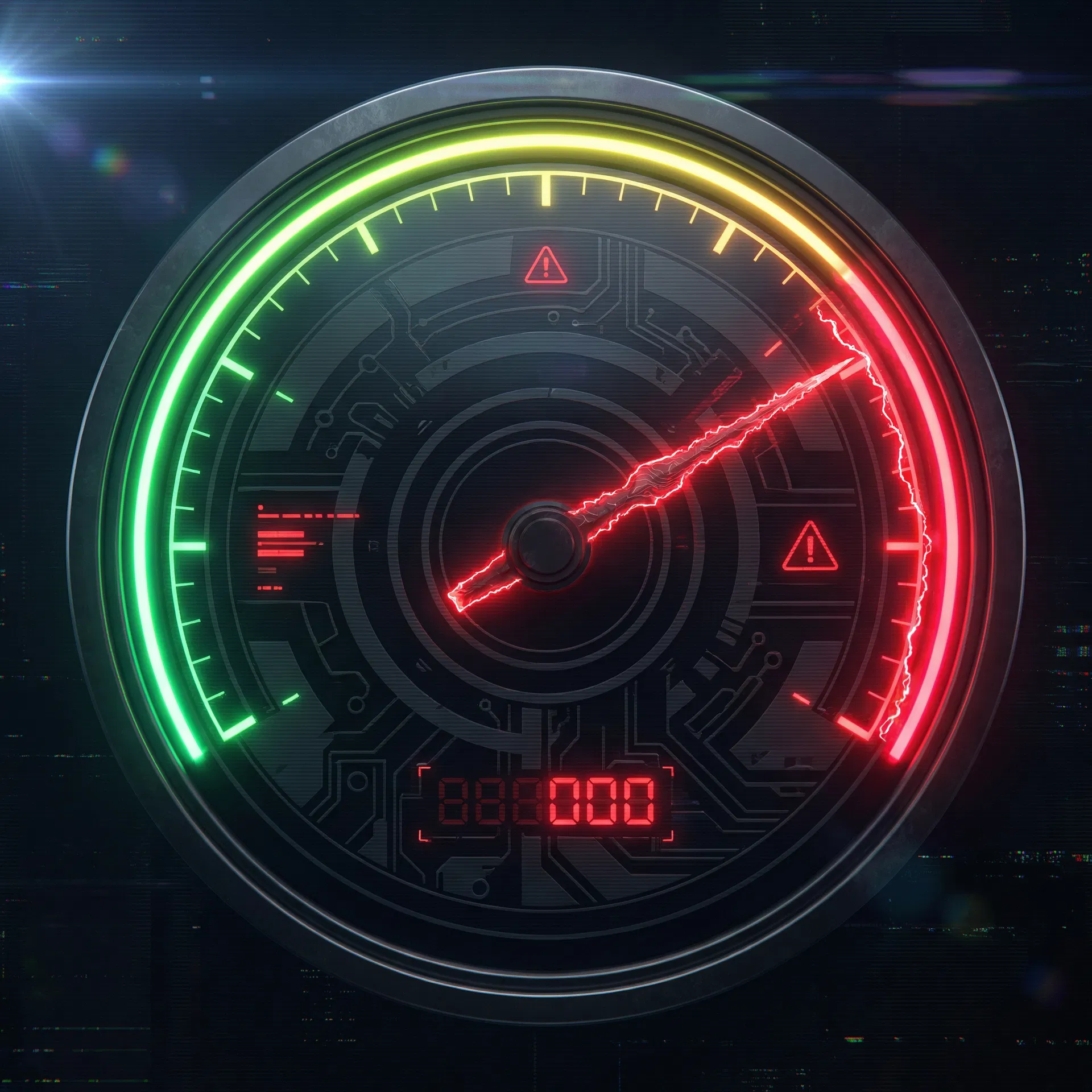 Performance gauge showing critical failure