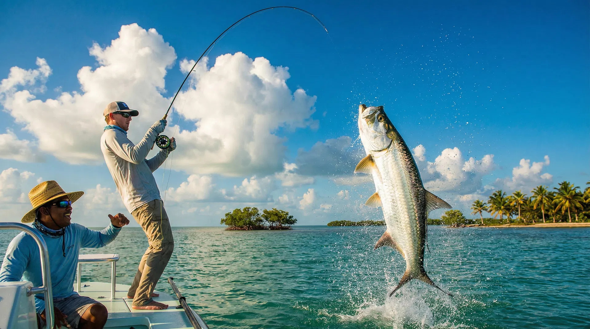 Angler fighting a tarpon leaping from turquoise Belizean waters