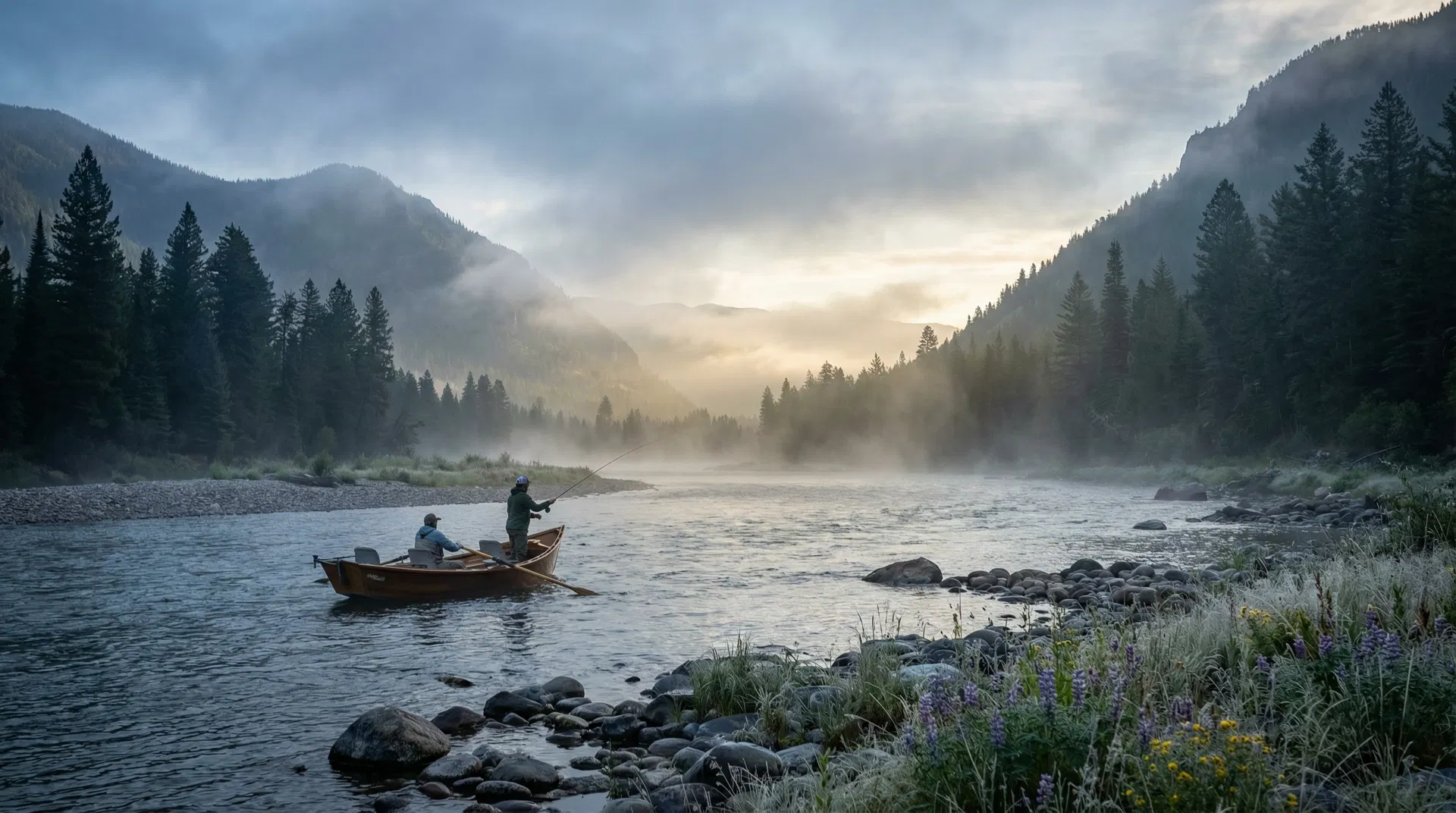 Misty Montana river valley at dawn with drift boat