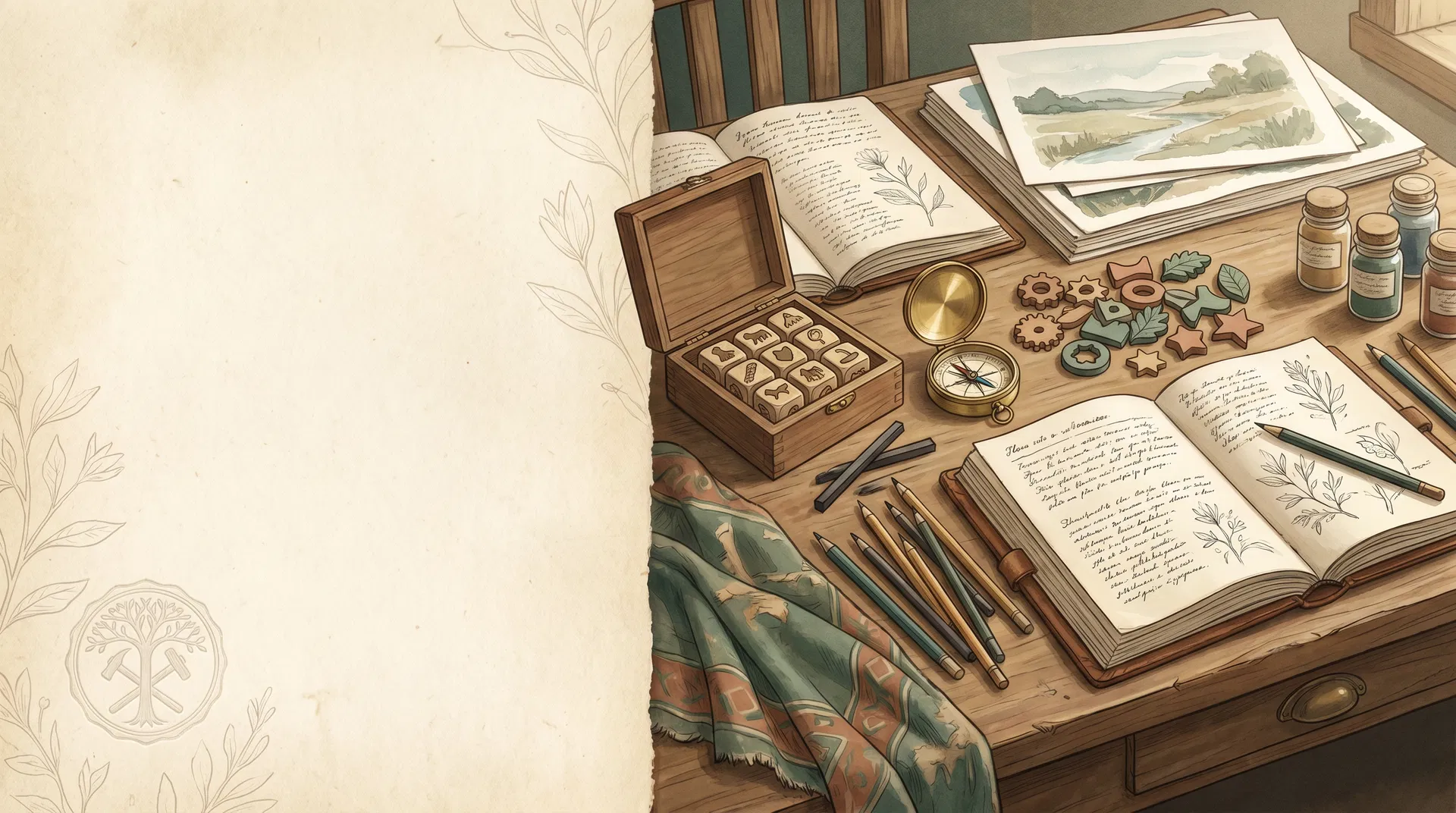 An illustrated creative learning atelier with books, writing tools, and handmade learning materials.