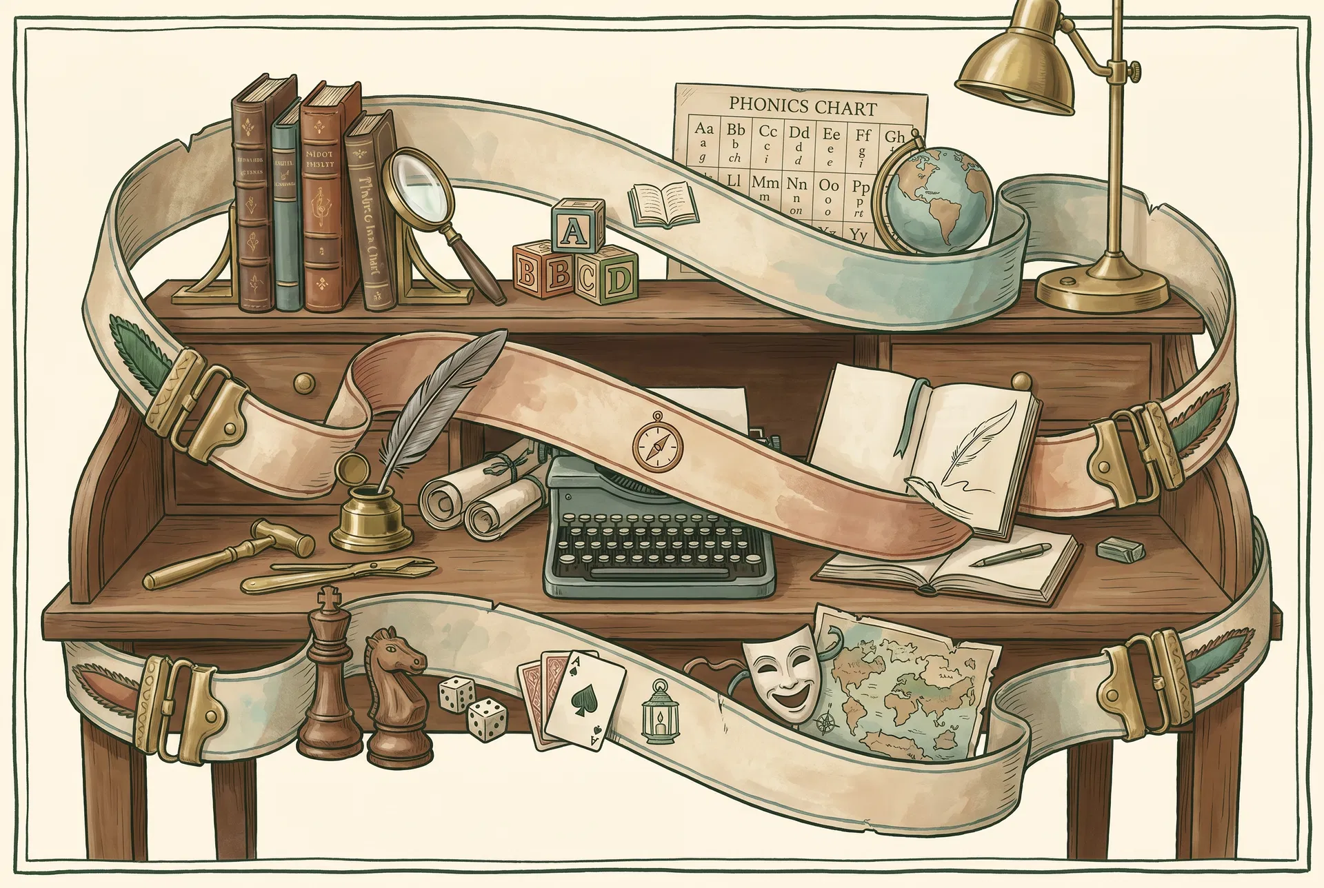 An illustration of learning paths for academic support, writing, literature, strategy, and creative storytelling.