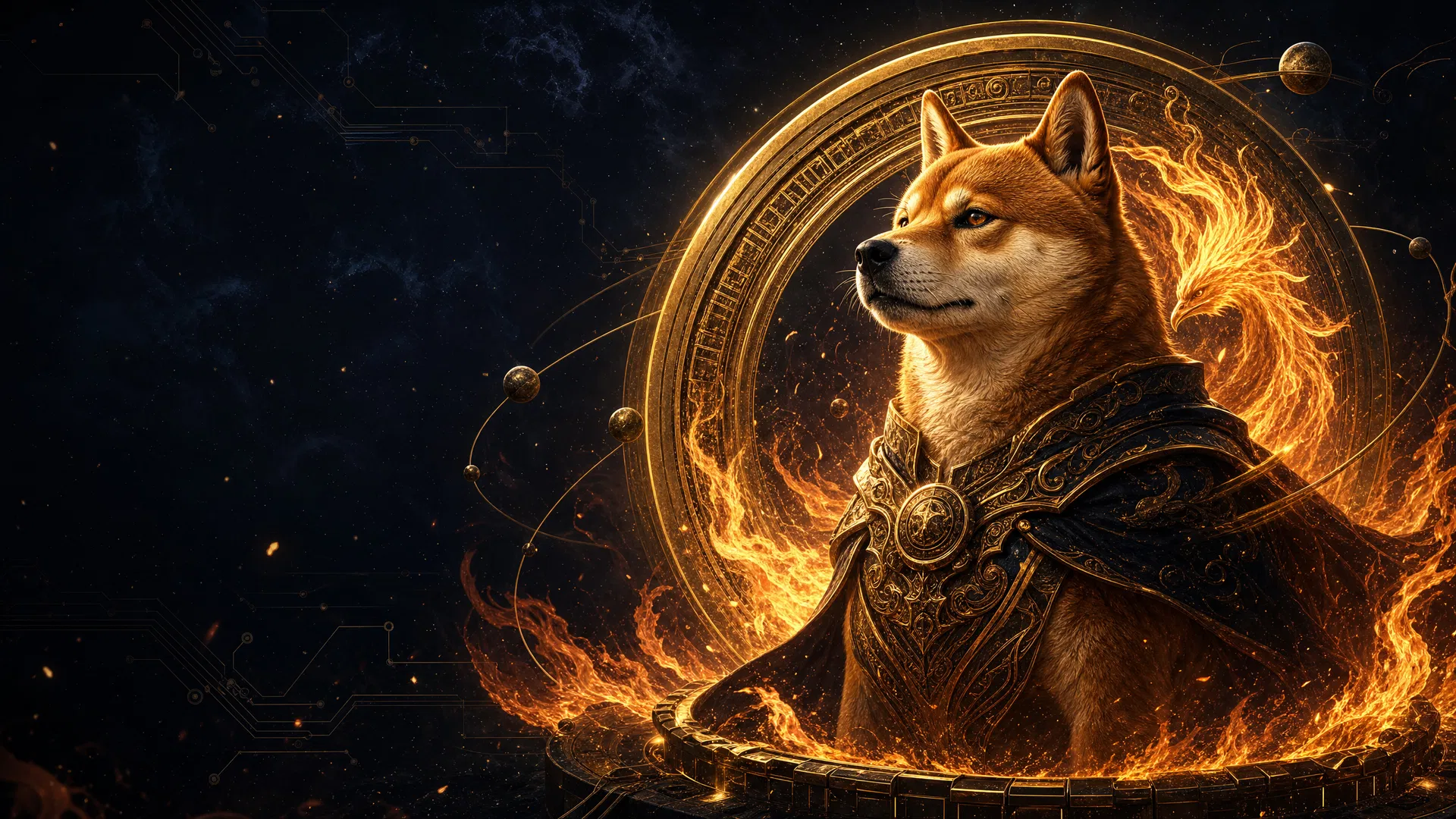 Legendary shiba guardian emerging from a golden relic