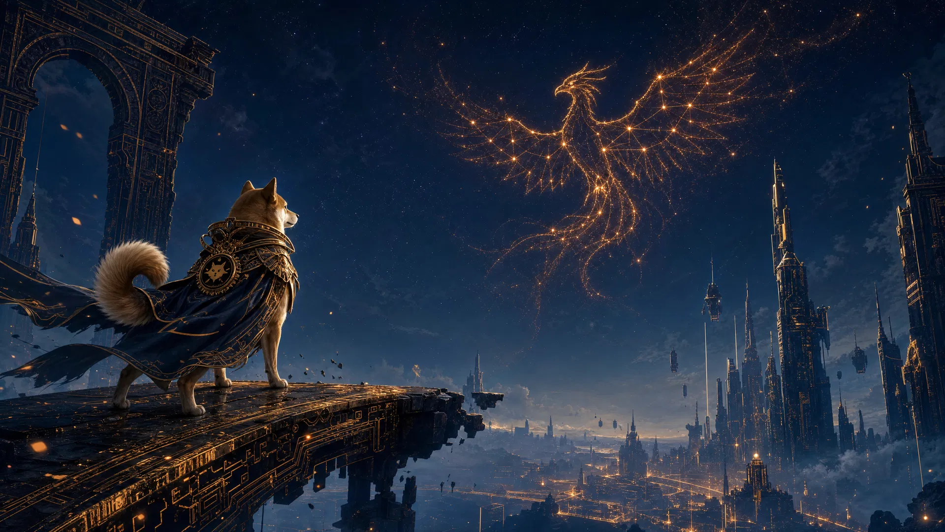 Shiba guardian watching a phoenix constellation over an on-chain city