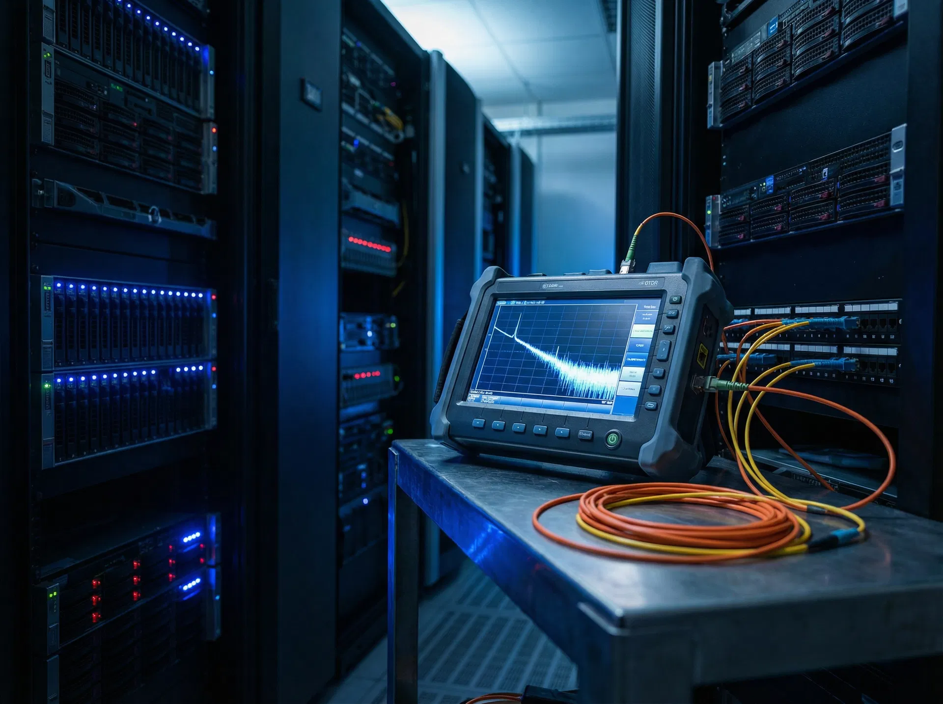 OTDR fiber optic testing equipment in server room