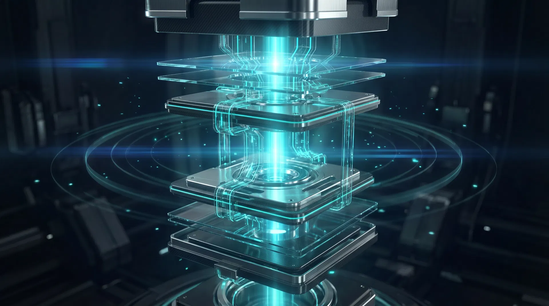 Layered glass-and-metal infrastructure stack illuminated by teal energy