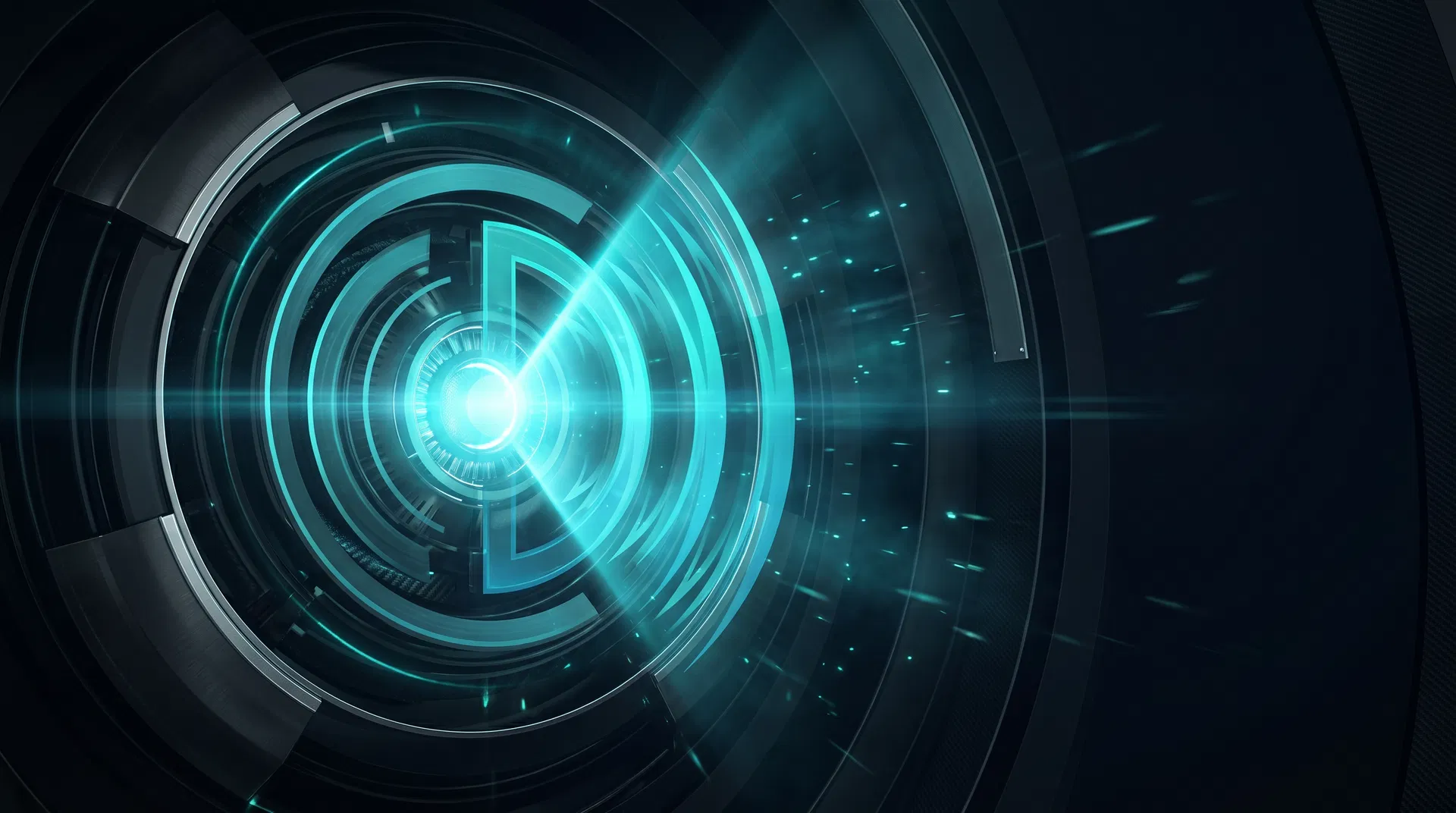 Cinematic teal energy core inside a futuristic lab