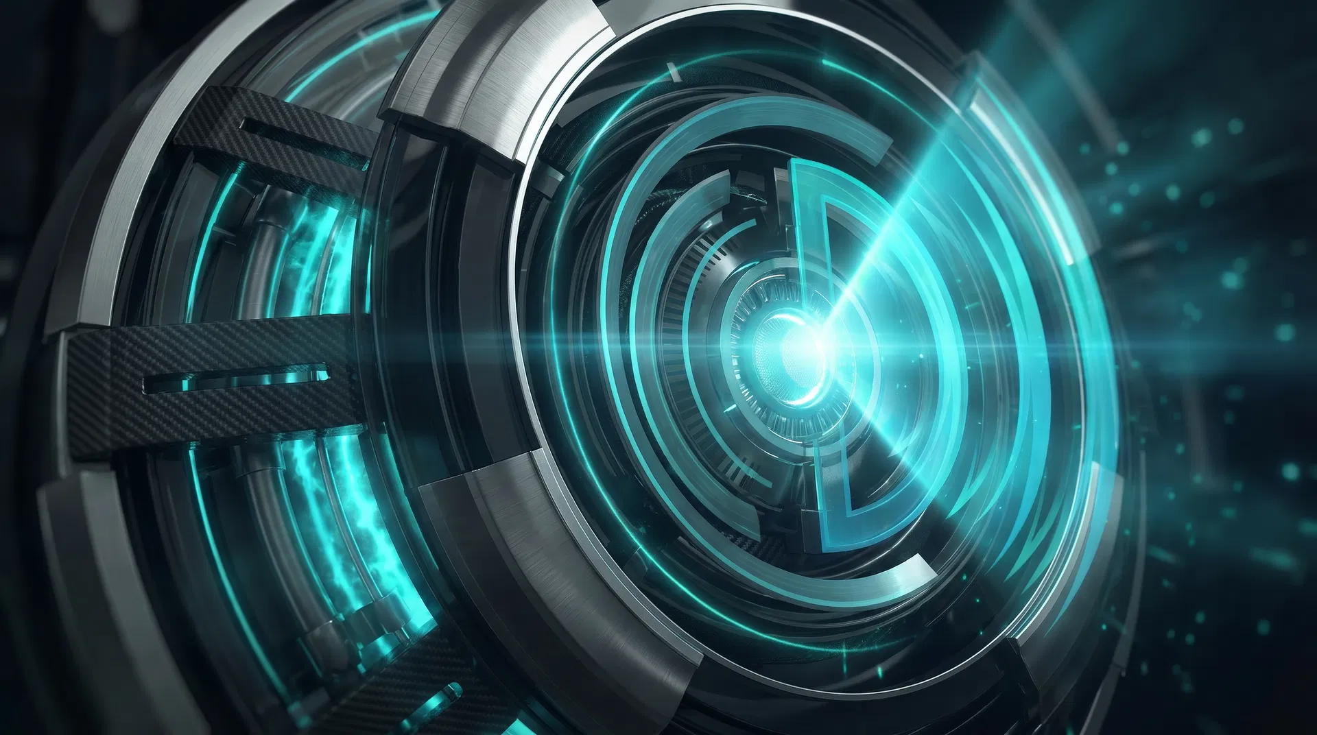 Close-up of teal reactor machinery with signal-ring geometry