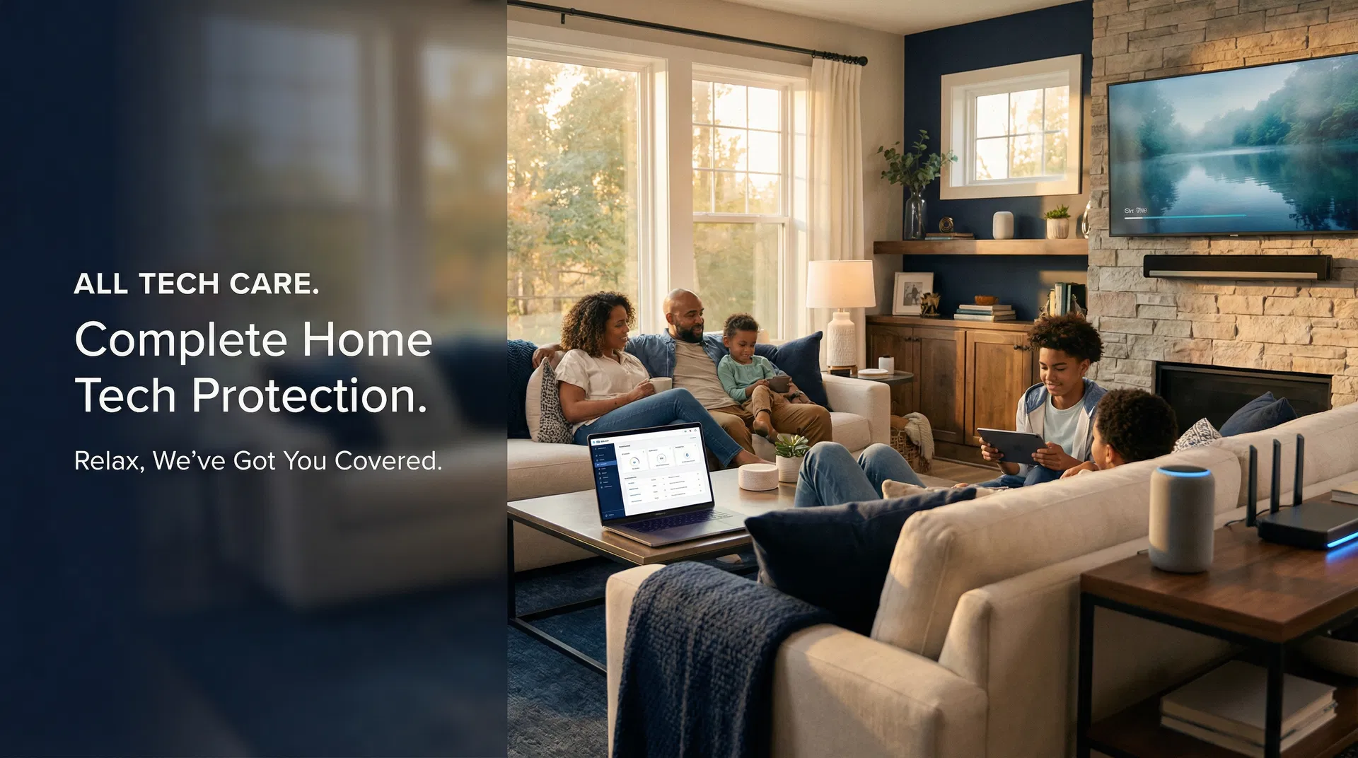 Family enjoying protected home technology