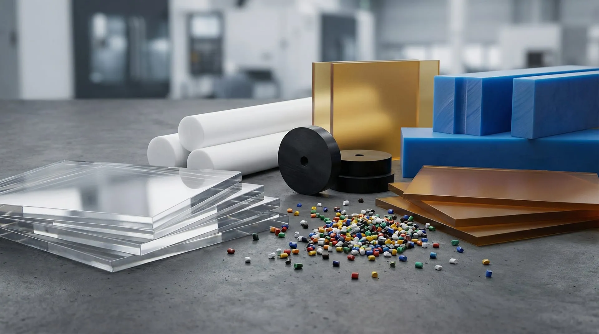 Verschiedene Kunststoff-Halbzeuge und Materialproben: transparente Platten, PTFE-Stäbe, POM-Scheiben, Nylon-Blöcke und Granulate
