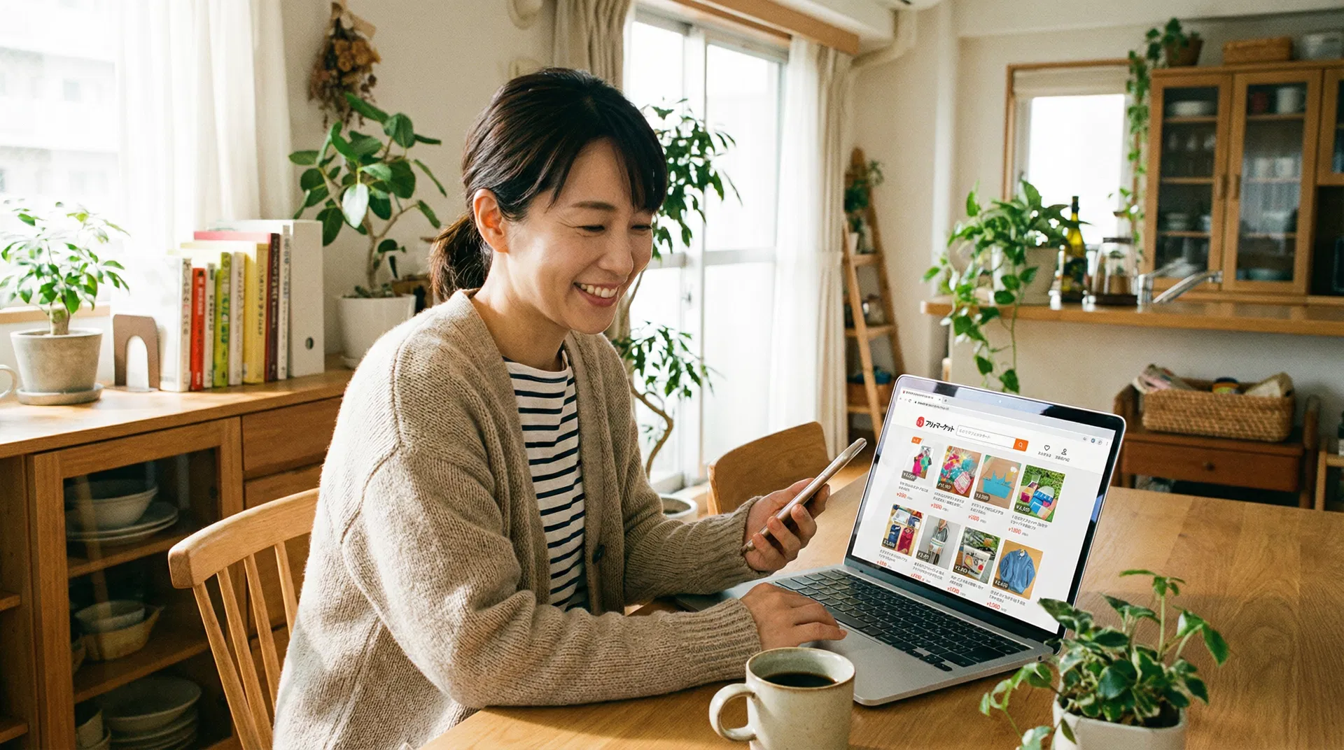 自宅でメルカリリサーチをする女性
