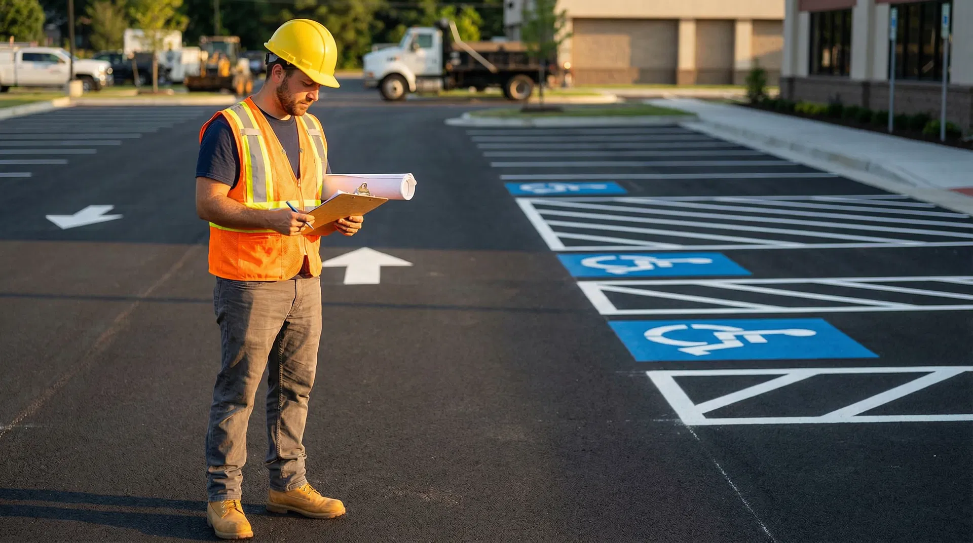 Professional parking lot striping contractor reviewing plans