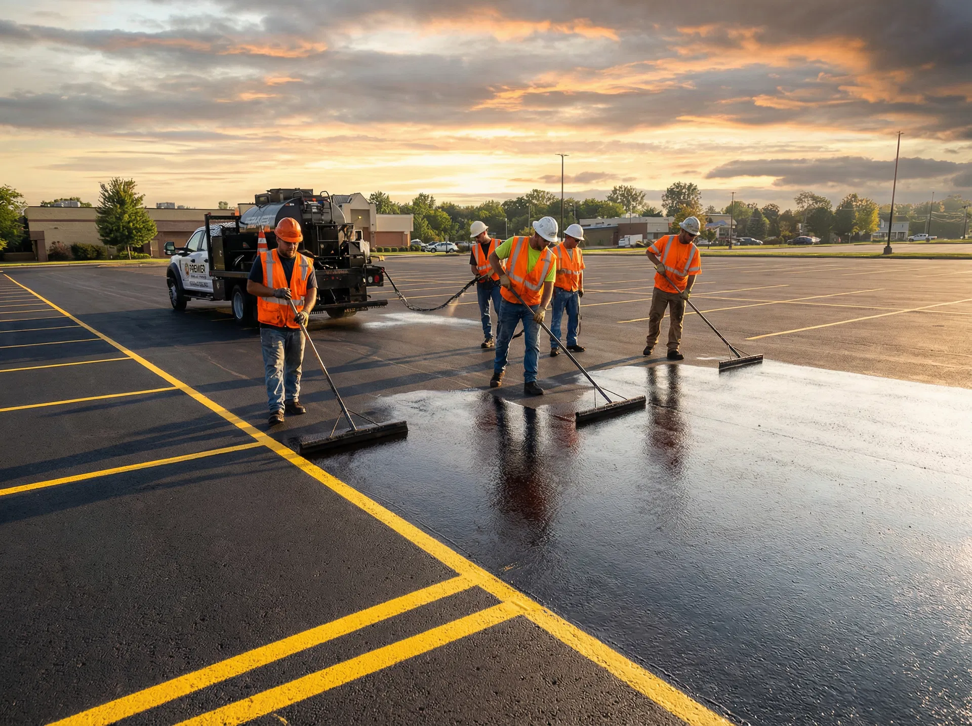 Professional asphalt sealcoating crew working on commercial parking lot