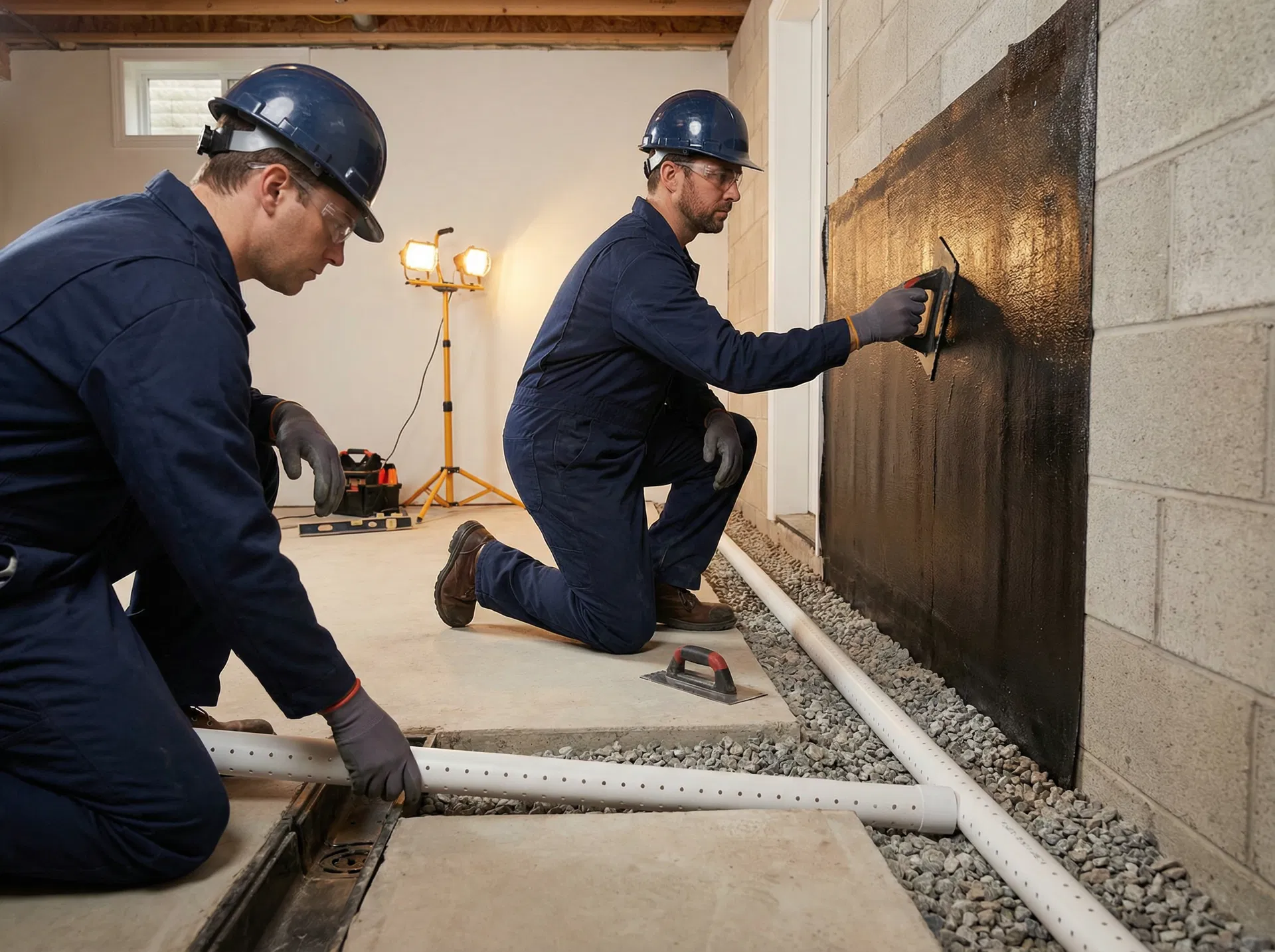 Professional basement waterproofing contractors at work