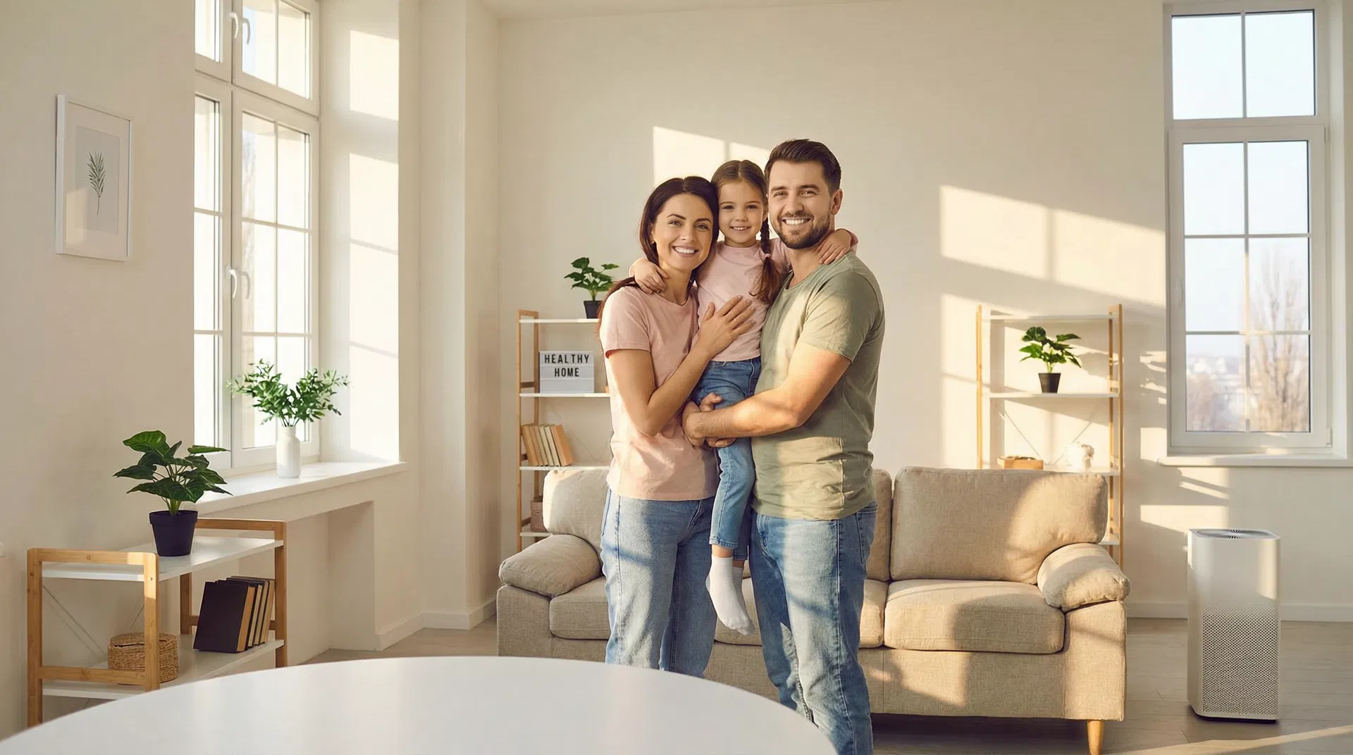 Happy family in clean, mold-free home after remediation