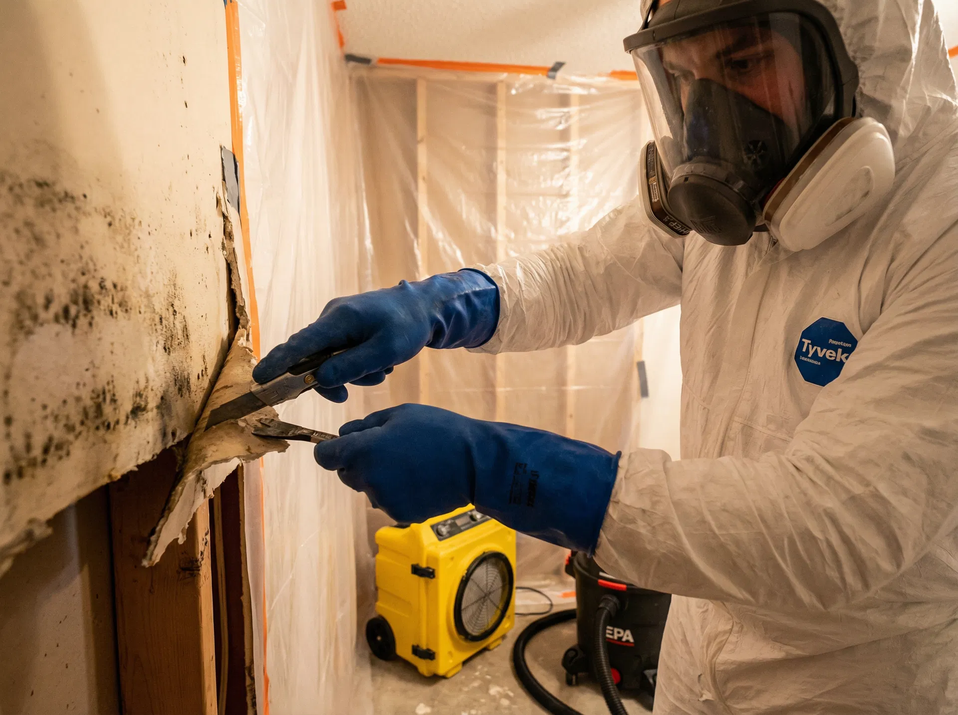 Mold remediation technician at work