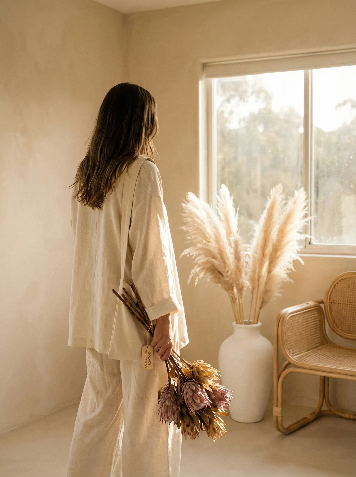 A serene woman holding dried protea flowers in a sun-drenched space