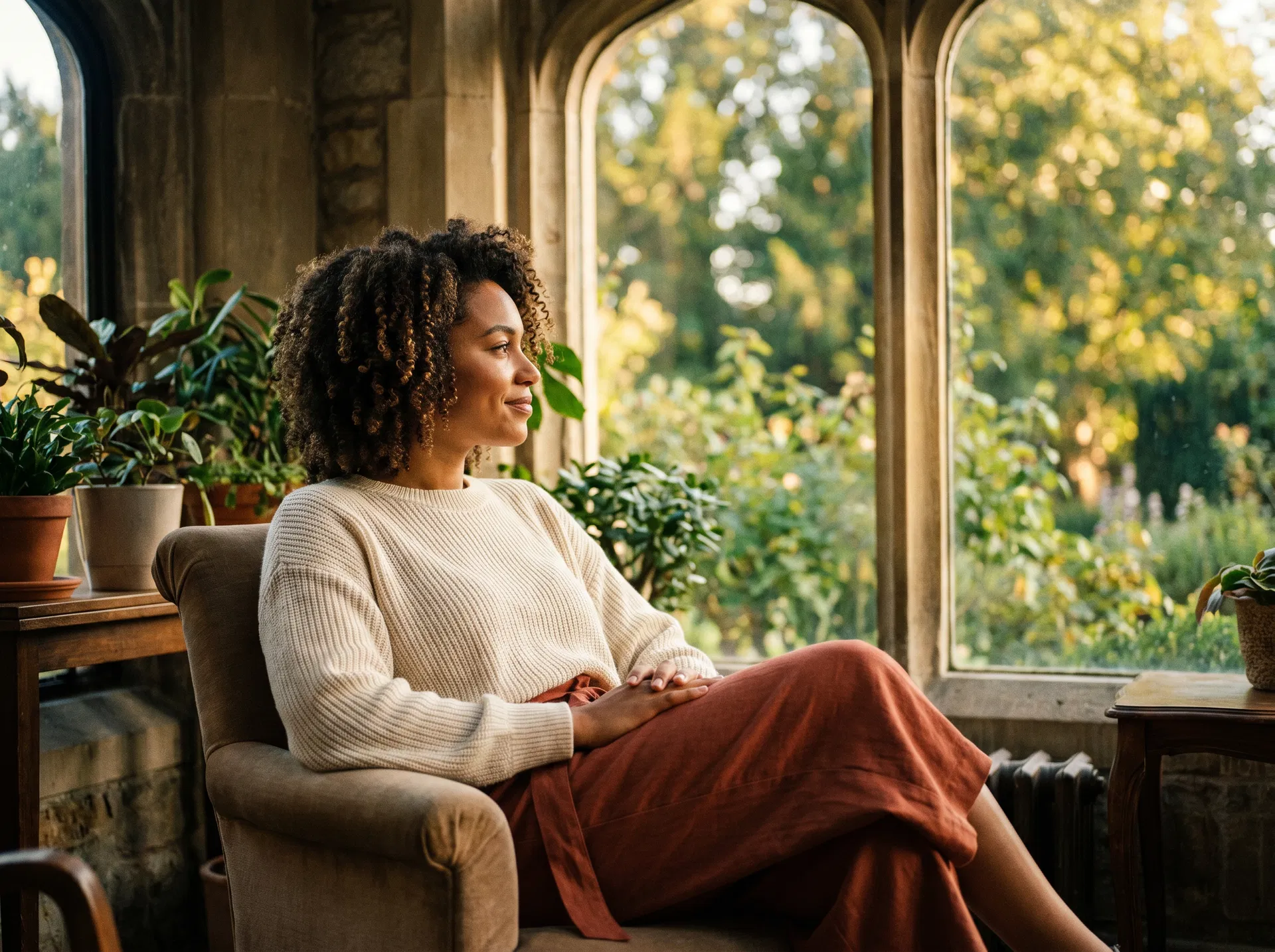 A woman sitting peacefully by a window, looking contemplative and serene