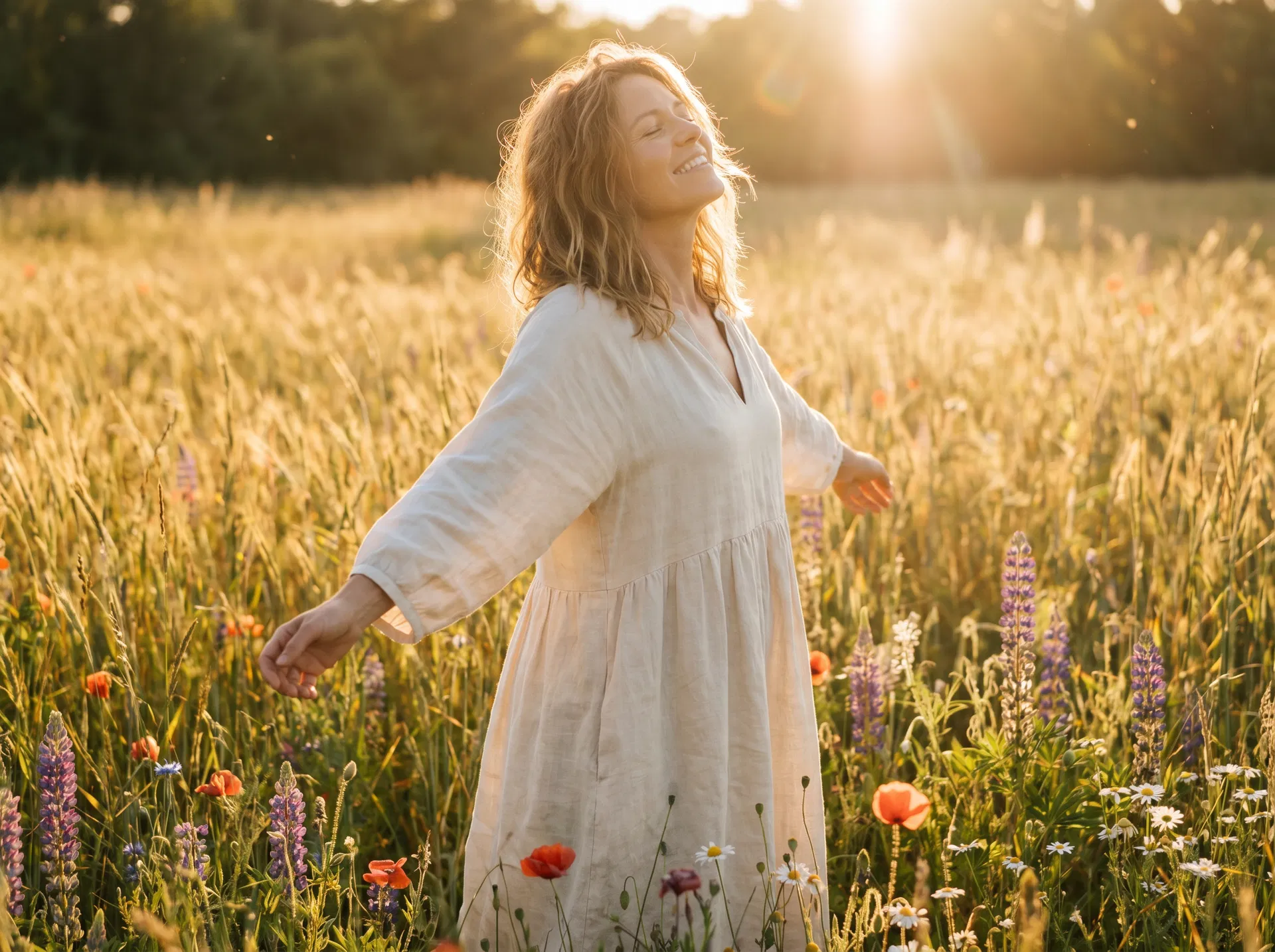 A woman standing in a wildflower field with arms open, radiating joy and freedom