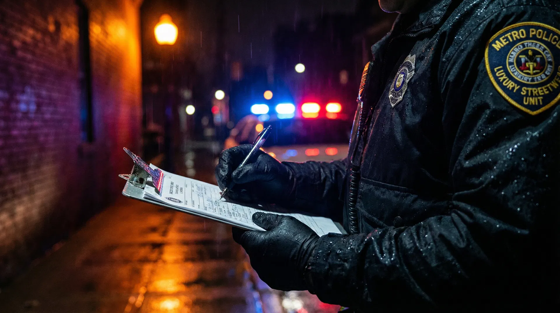 Oficial de policía escribiendo un reporte de accidente