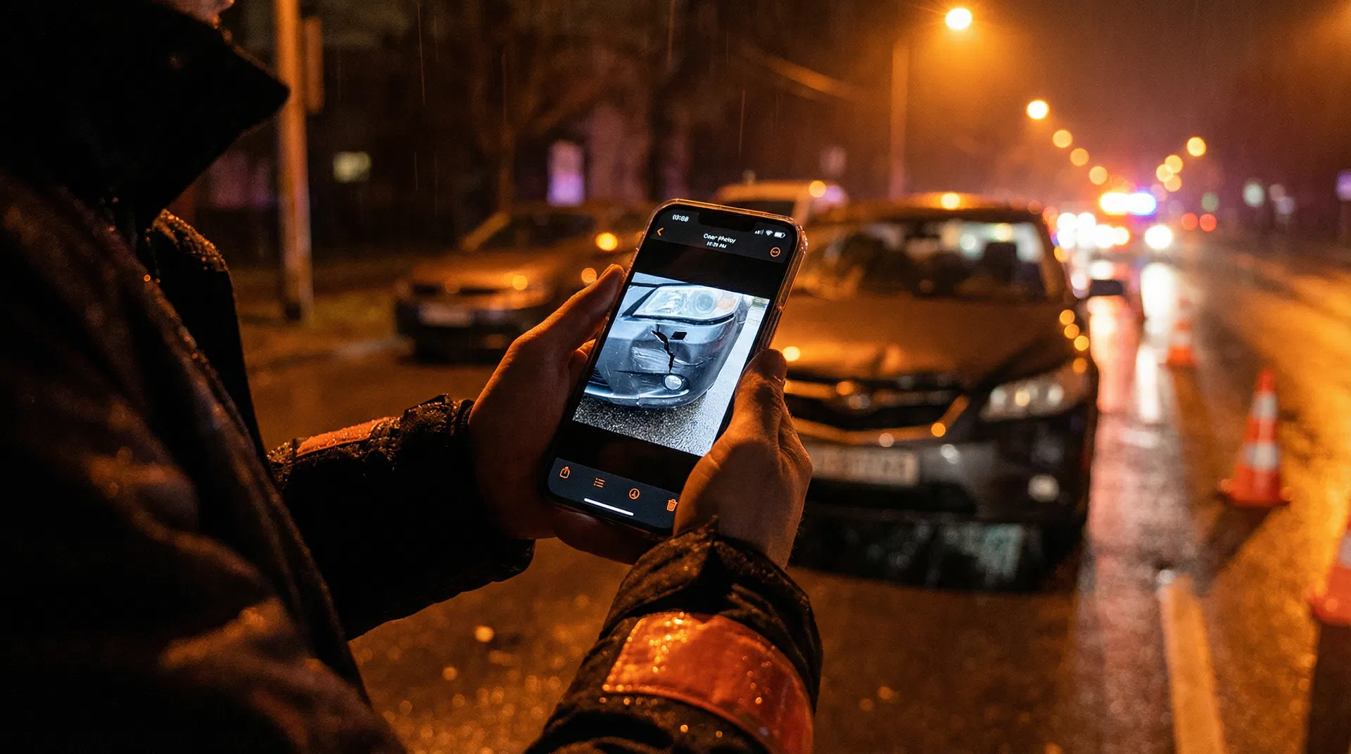 Persona tomando fotos de los daños del auto con su celular