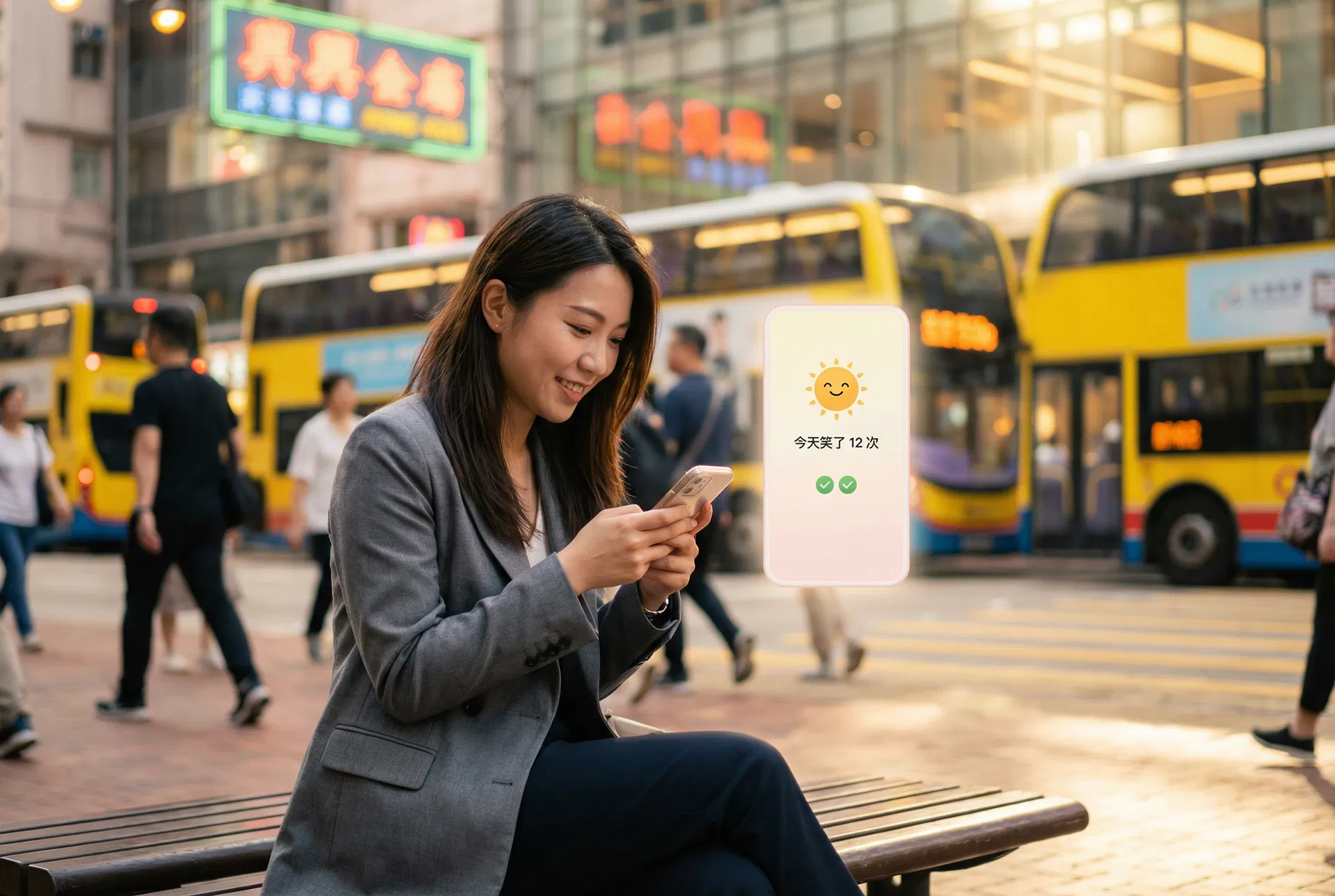 女兒在香港街頭查看媽媽心情日誌