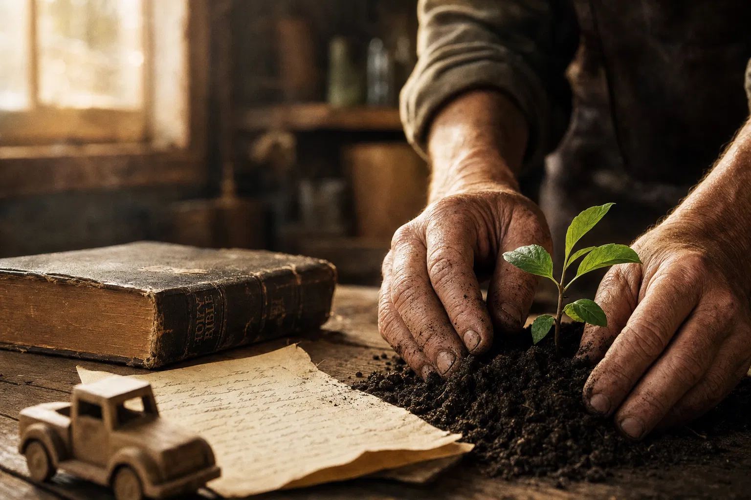Weathered hands planting a seedling beside a worn Bible and handwritten letter