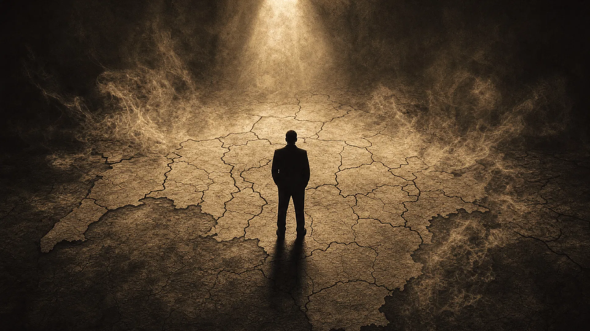 A lone figure standing on a cracked map under a shaft of light