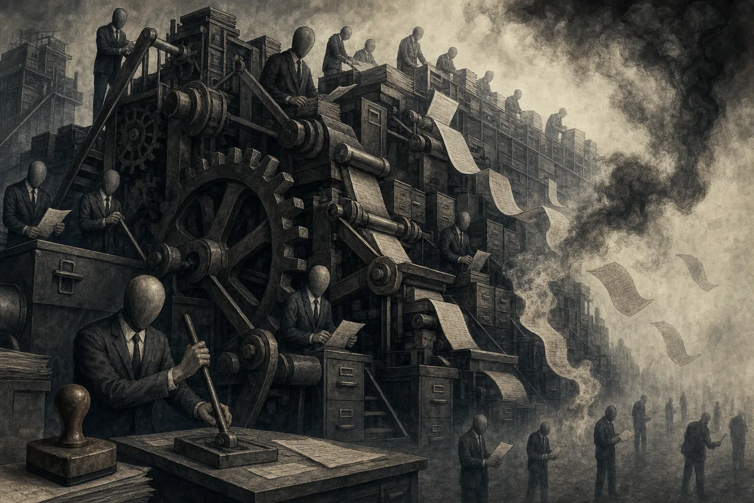 The managerial machine — faceless bureaucrats operating a vast document-producing apparatus