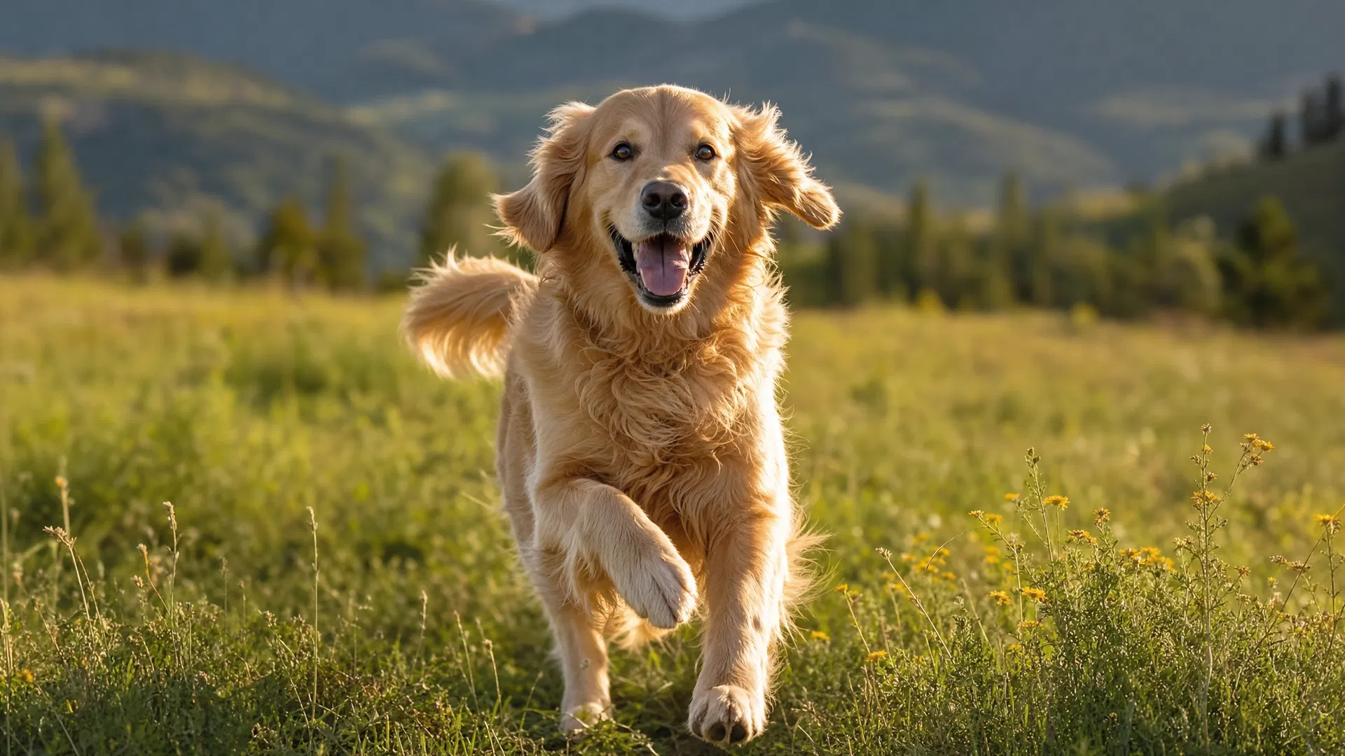 Happy golden retriever running through a Colorado meadow