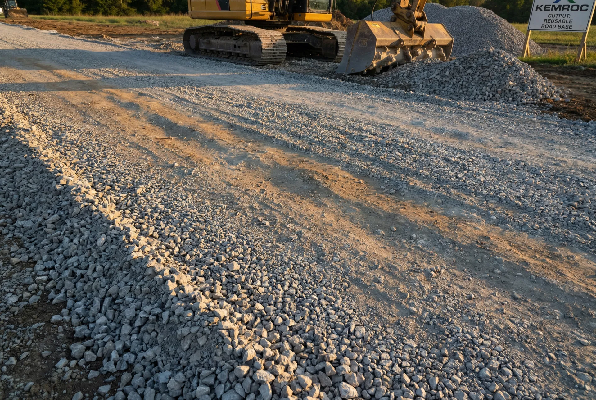 Crushed rock spoils from KEMROC cutting used as road base material on the distillery site