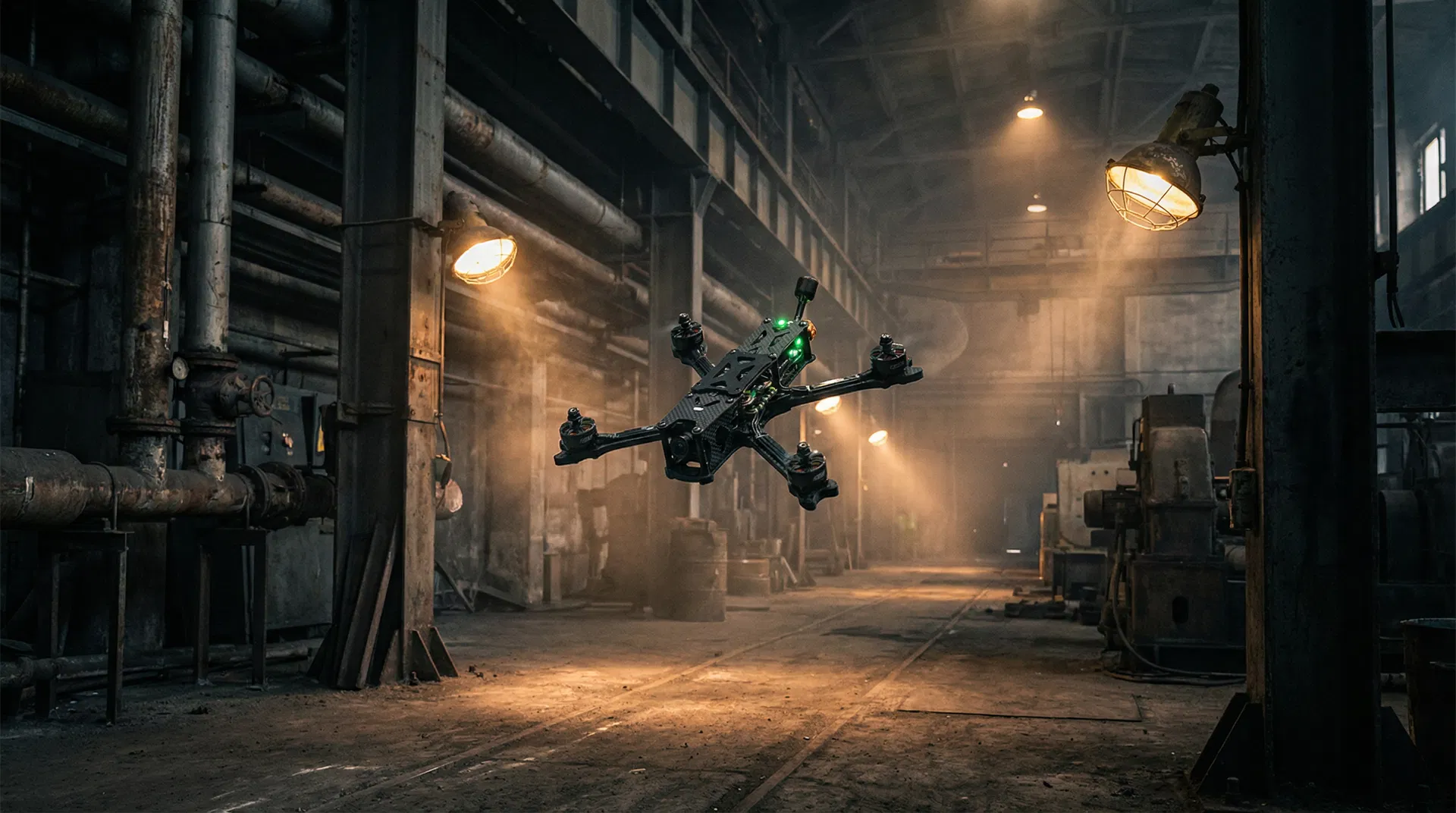 FPV drone flying through industrial warehouse