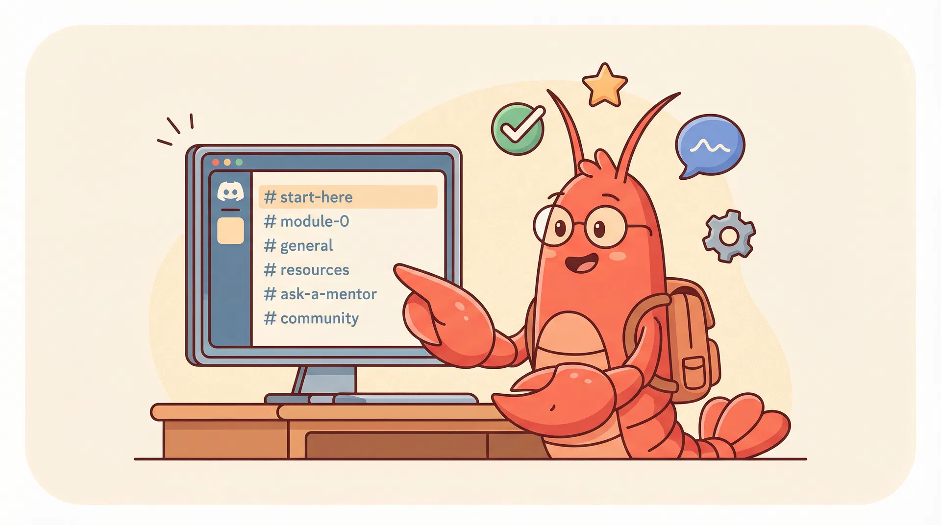 Claw mascot pointing at Discord channels showing module channels and community features
