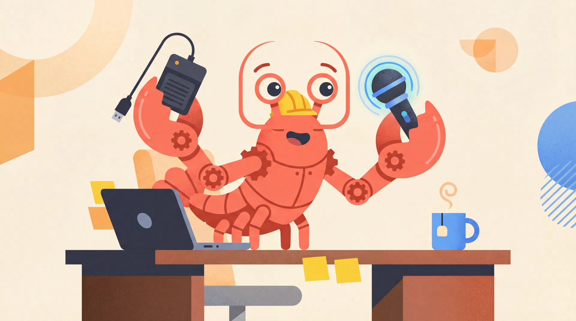 Claw mascot at a workspace with foot pedal, laptop, and microphone