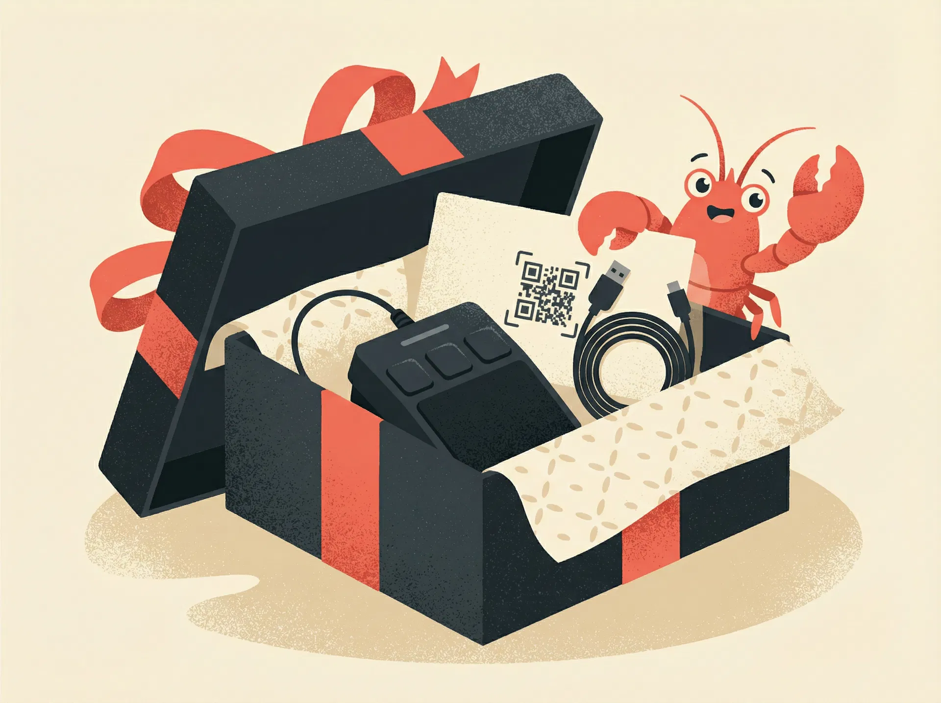 Claw mascot peeking out of the Pedal Pack gift box with foot pedal and welcome card