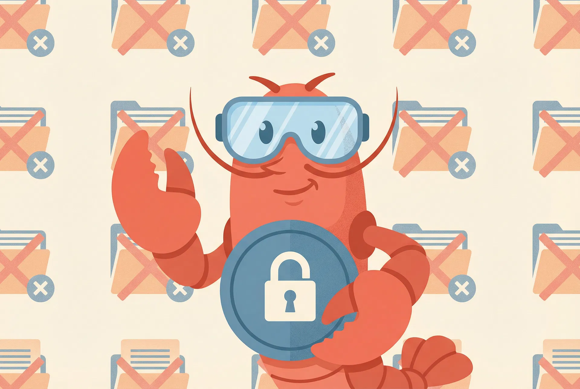 Claw mascot wearing safety goggles and holding a shield with lock icon