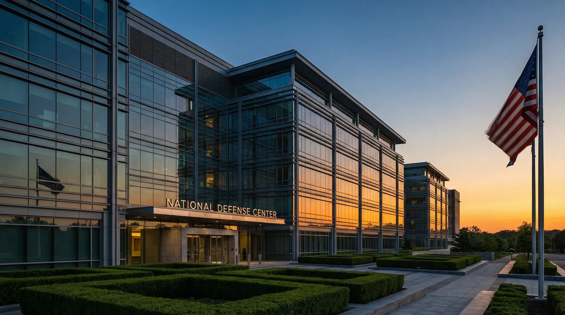 Modern defense headquarters at dusk