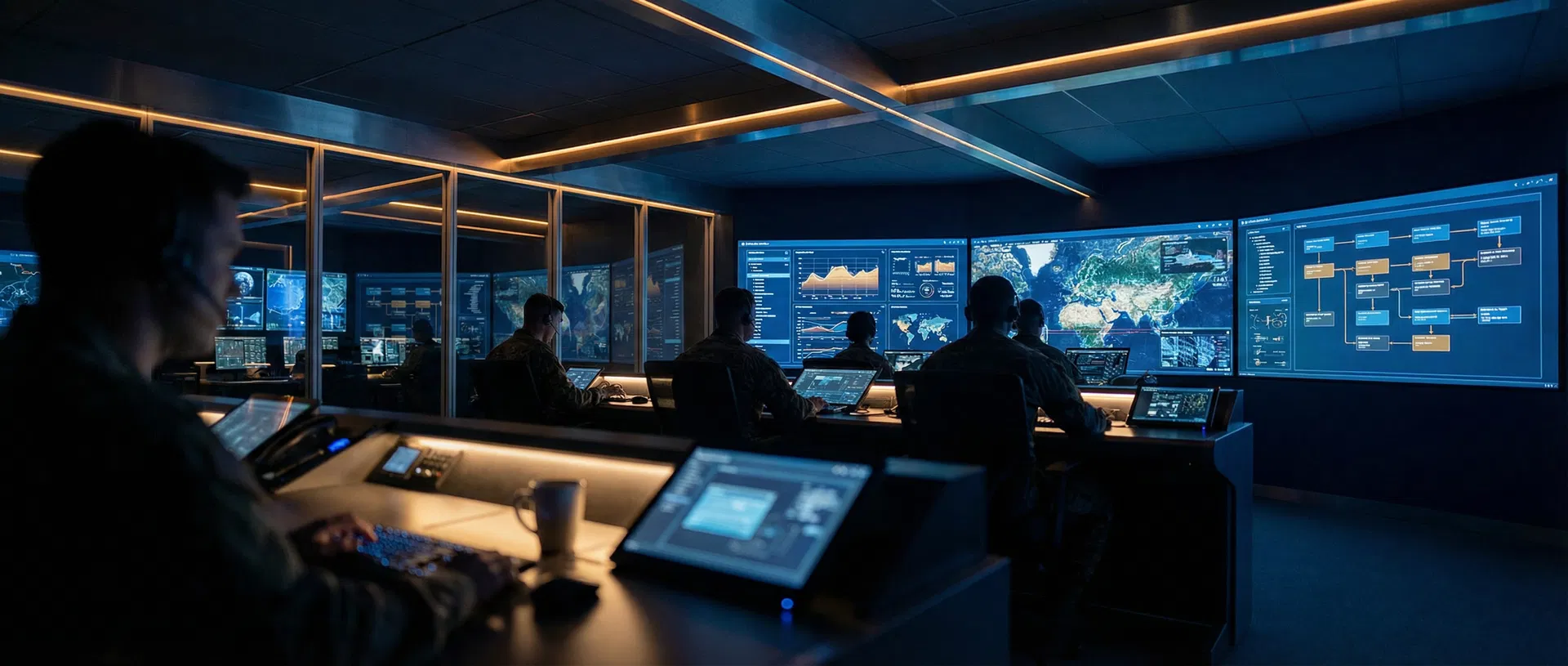 Military operations center with analysts at workstations