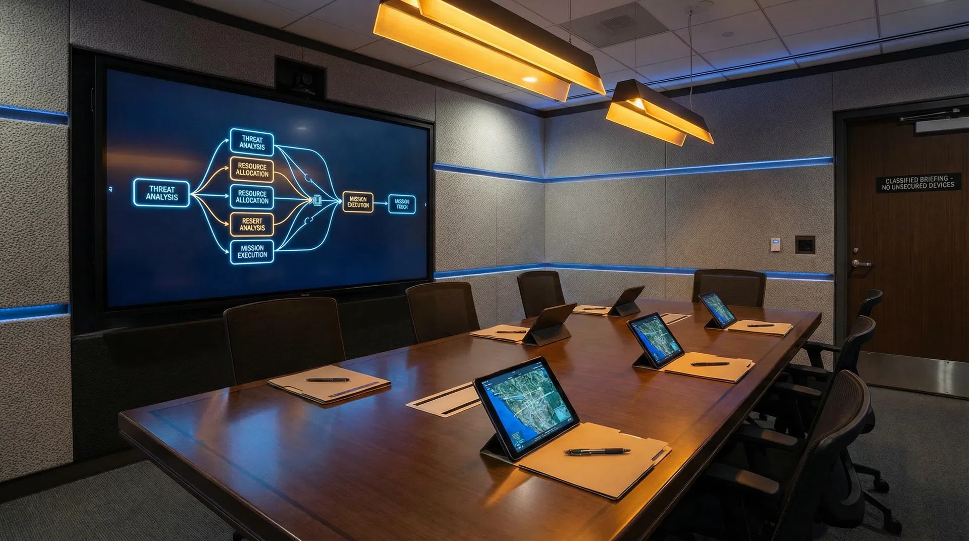 Secure briefing room with workflow diagram