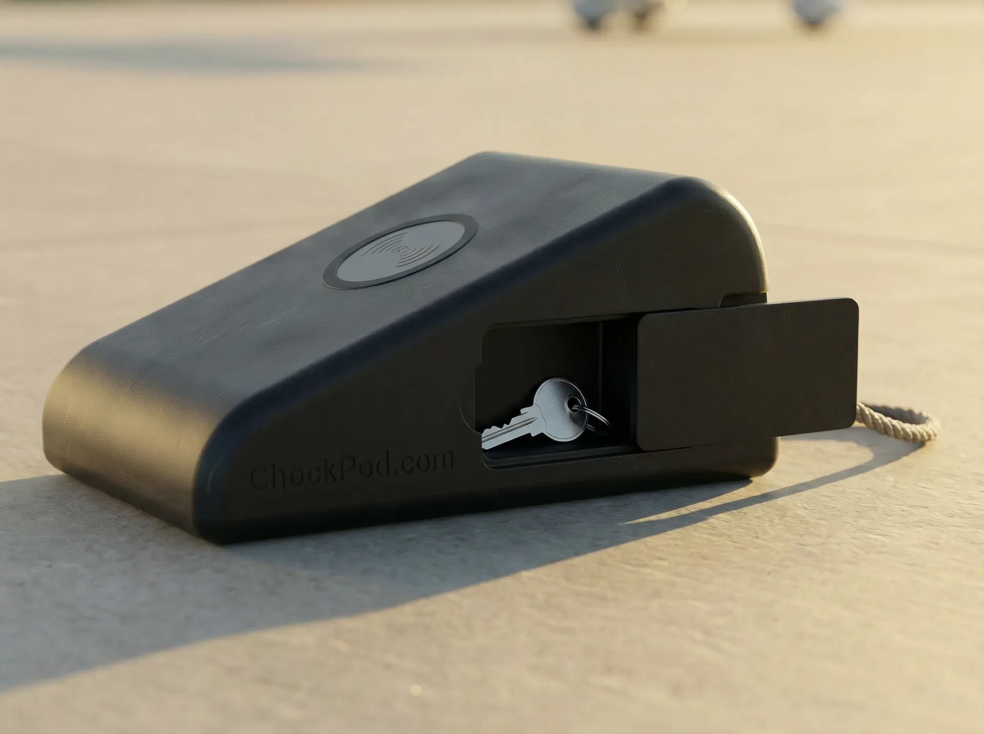 ChockPod key compartment detail — flush sliding panel showing hidden key storage