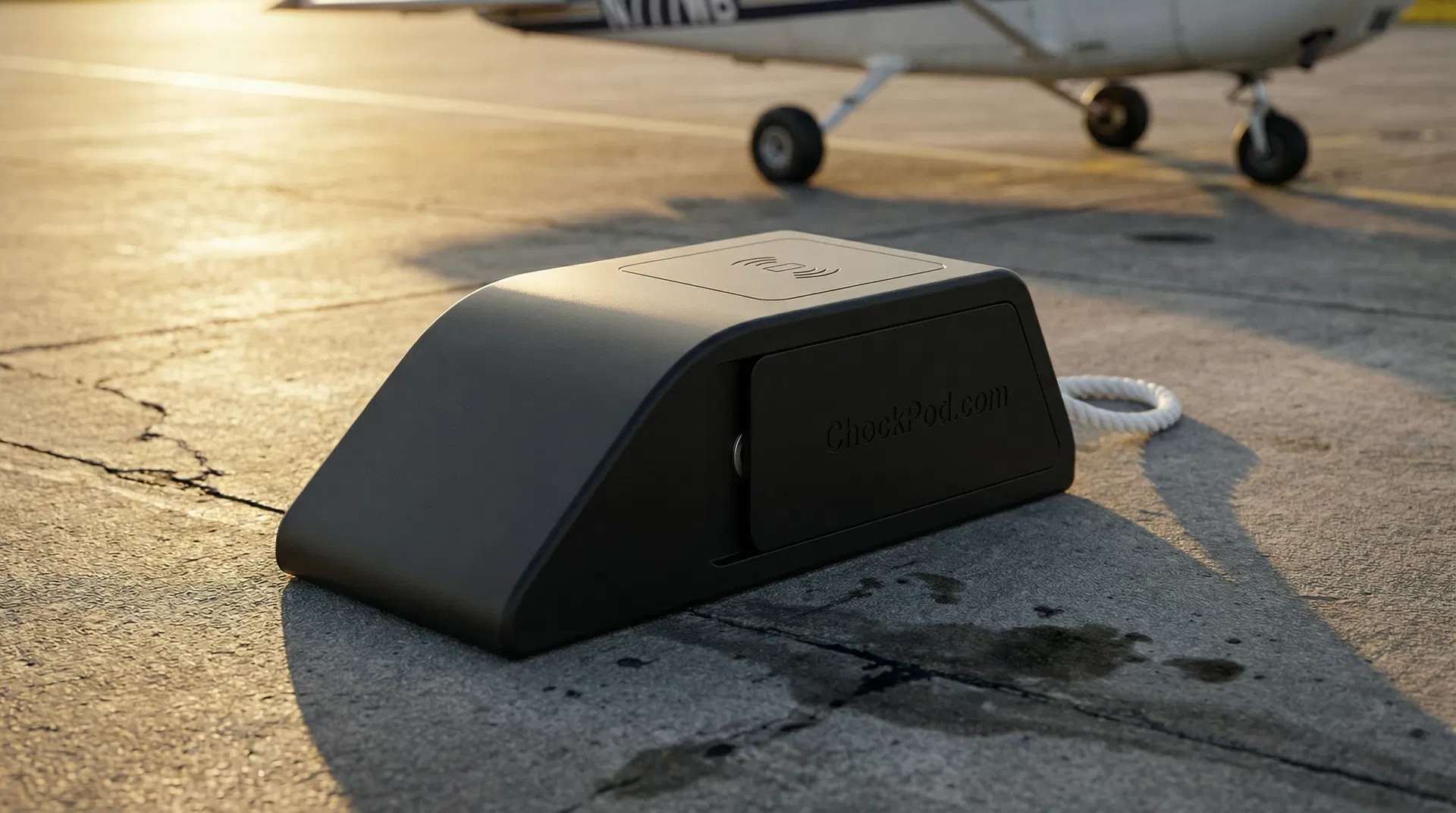 ChockPod smart aircraft wheel chock on tarmac at golden hour, with a Cessna in the background