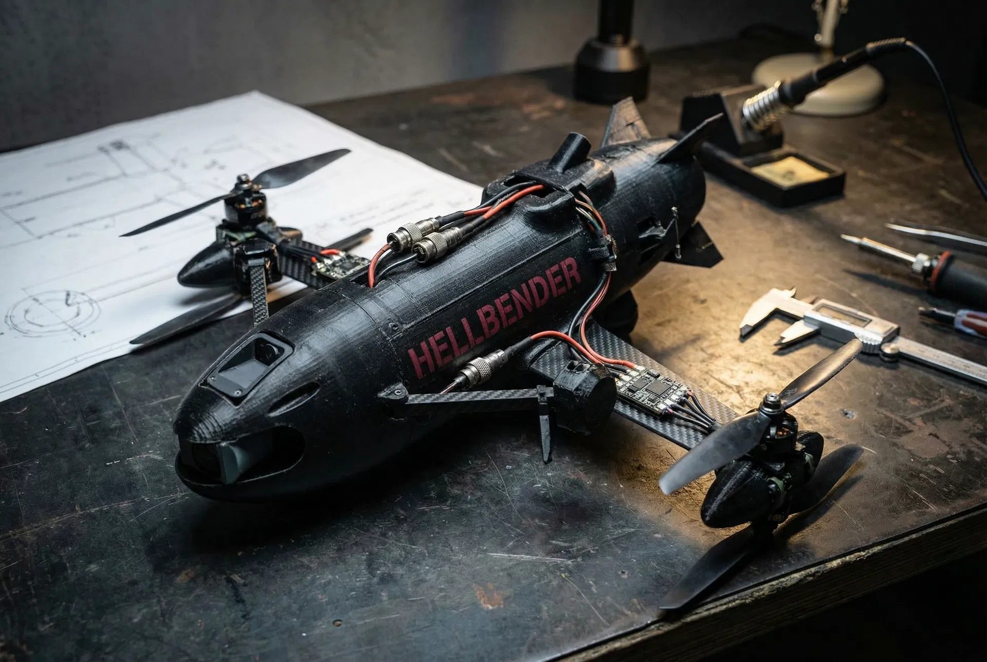 HELLBENDER interceptor drone on manufacturing workbench with wiring harnesses and test equipment