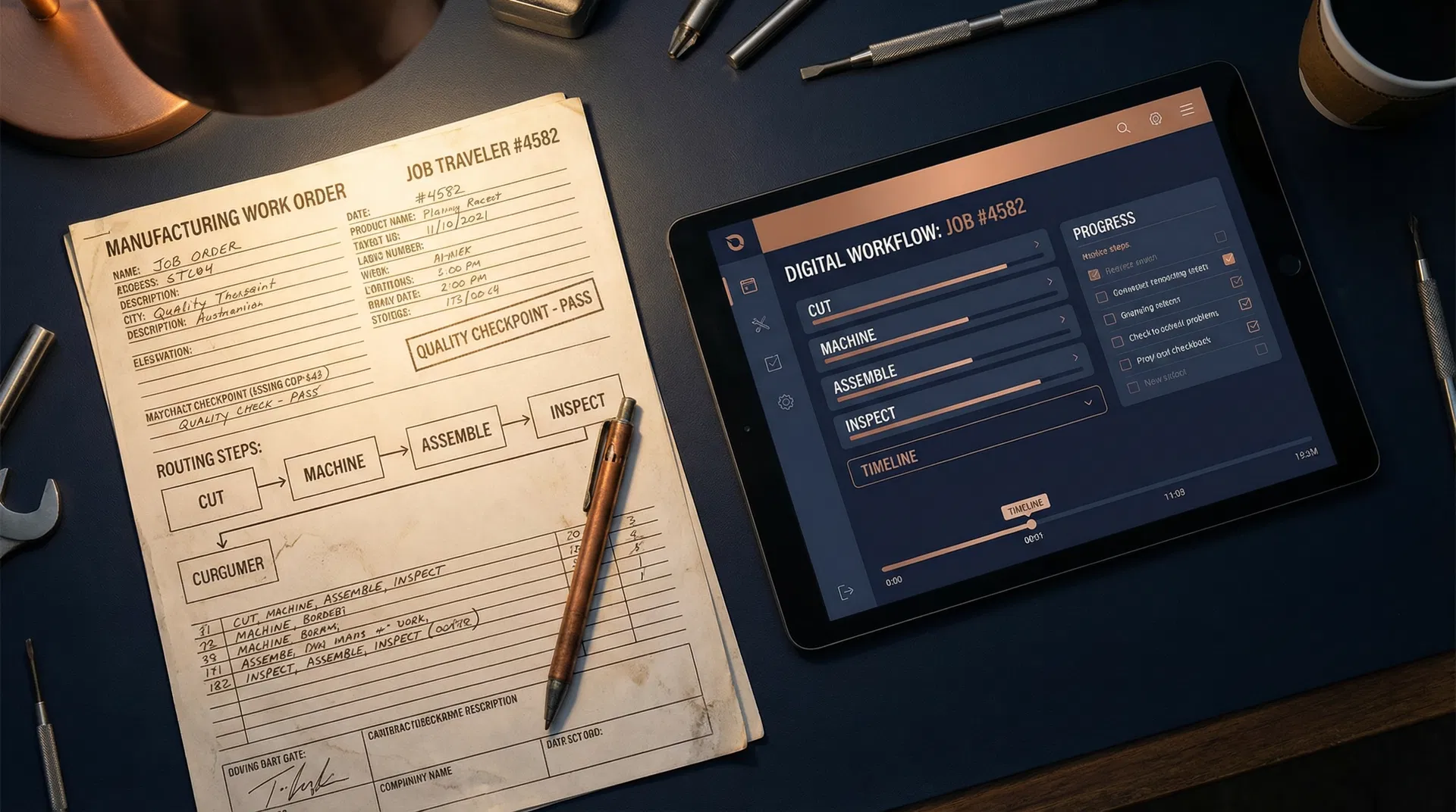 Paper work order next to digital workflow on tablet