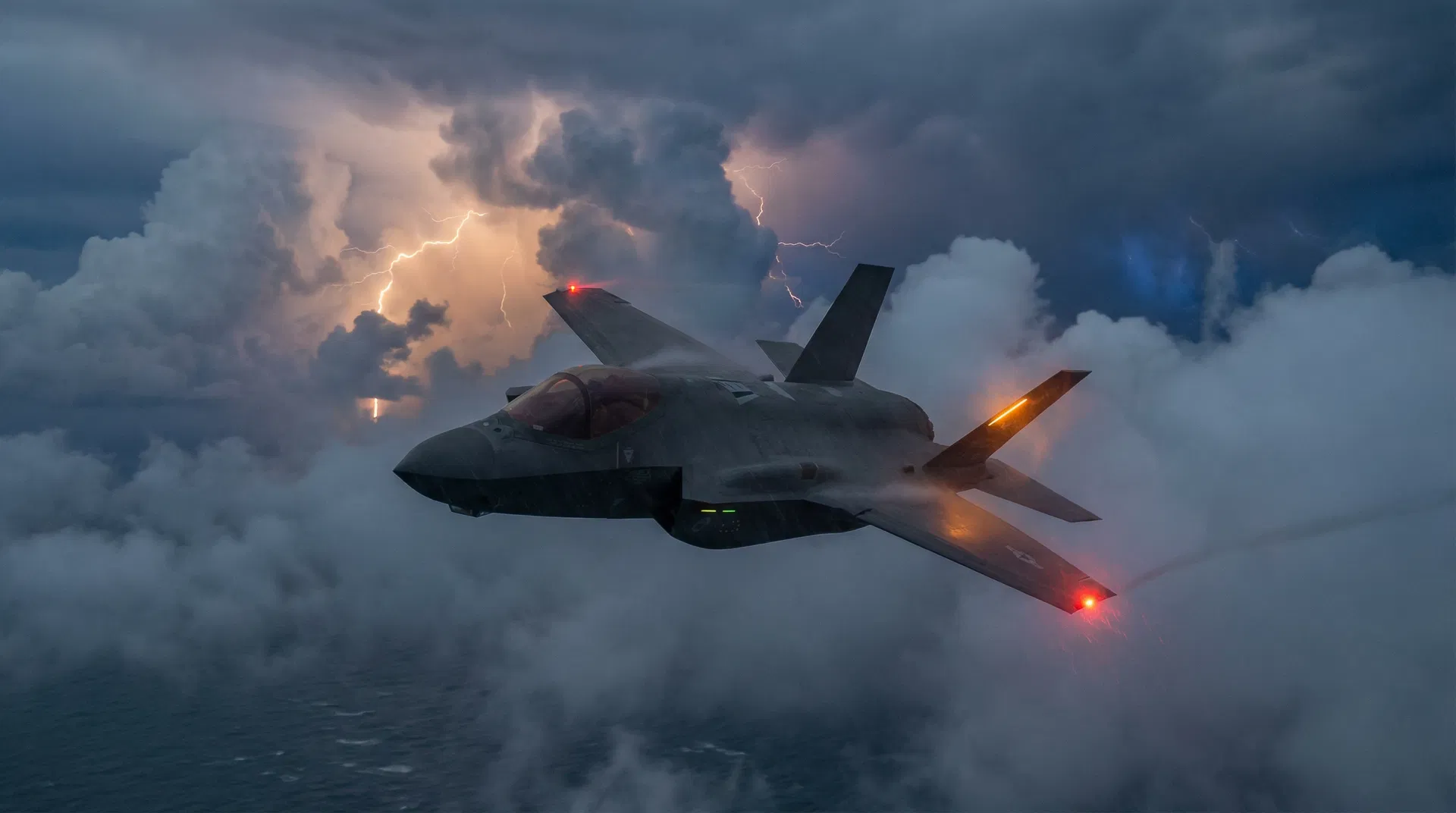 Fighter jet flying through turbulent storm clouds
