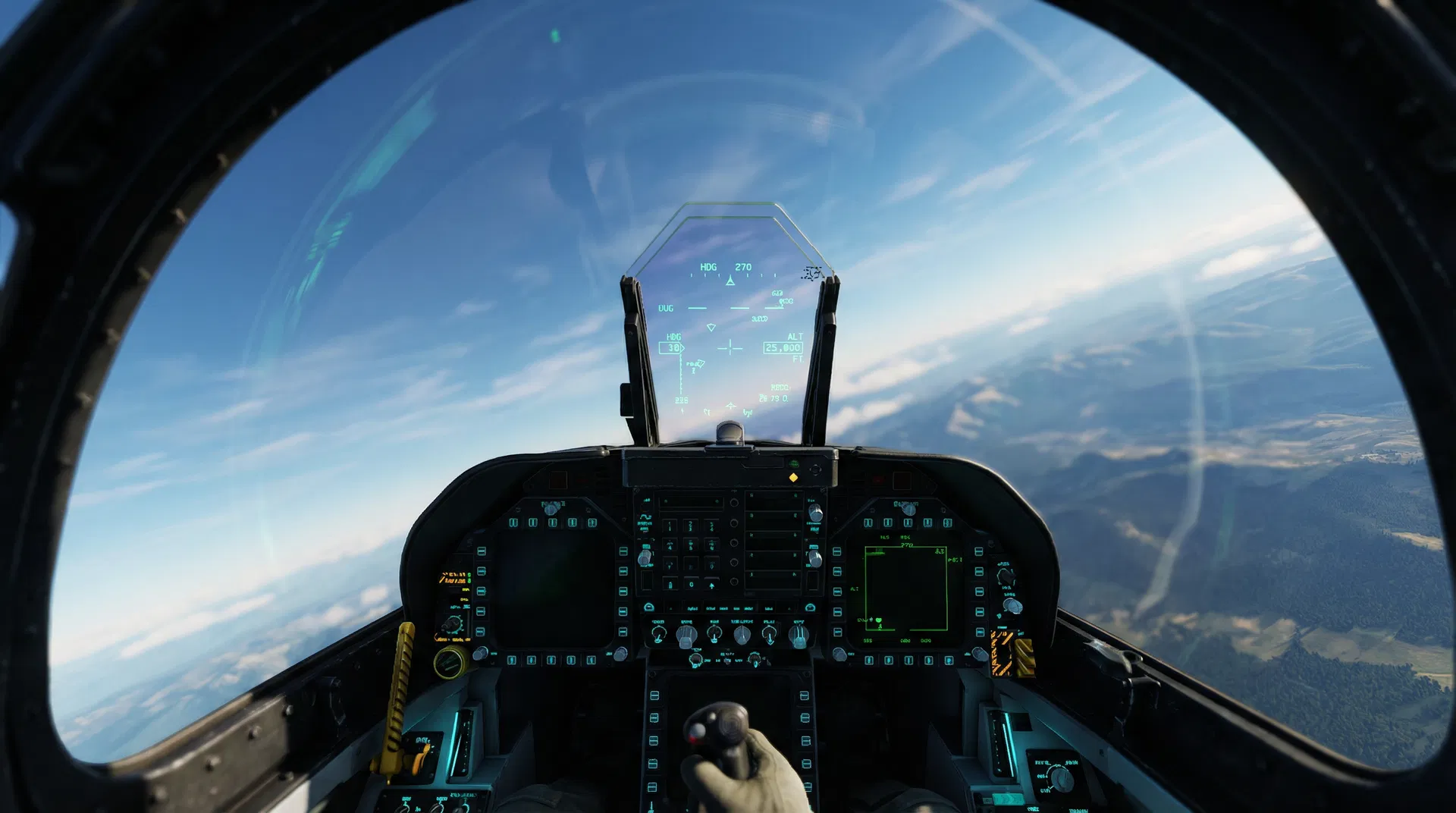 Cockpit view during clear flight with HUD display