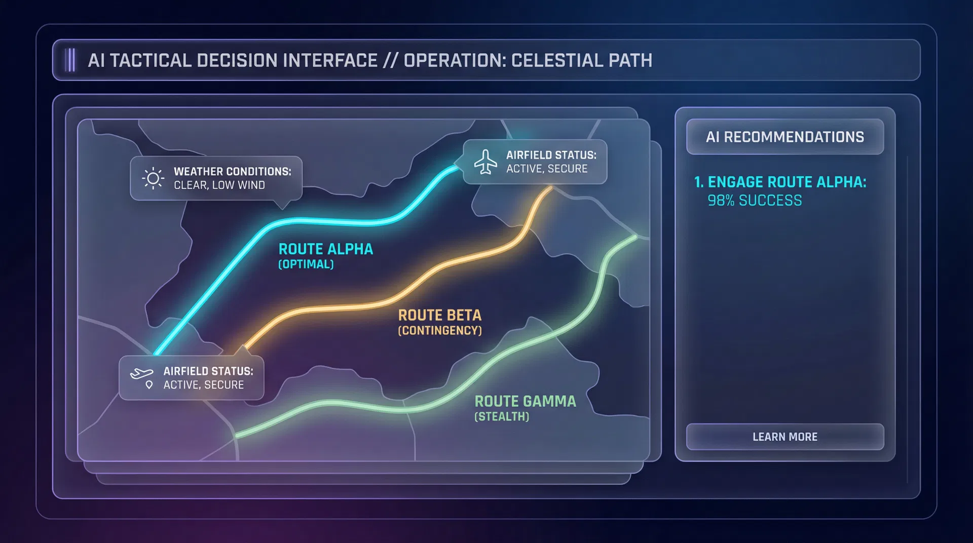 AI tactical decision interface showing route recommendations