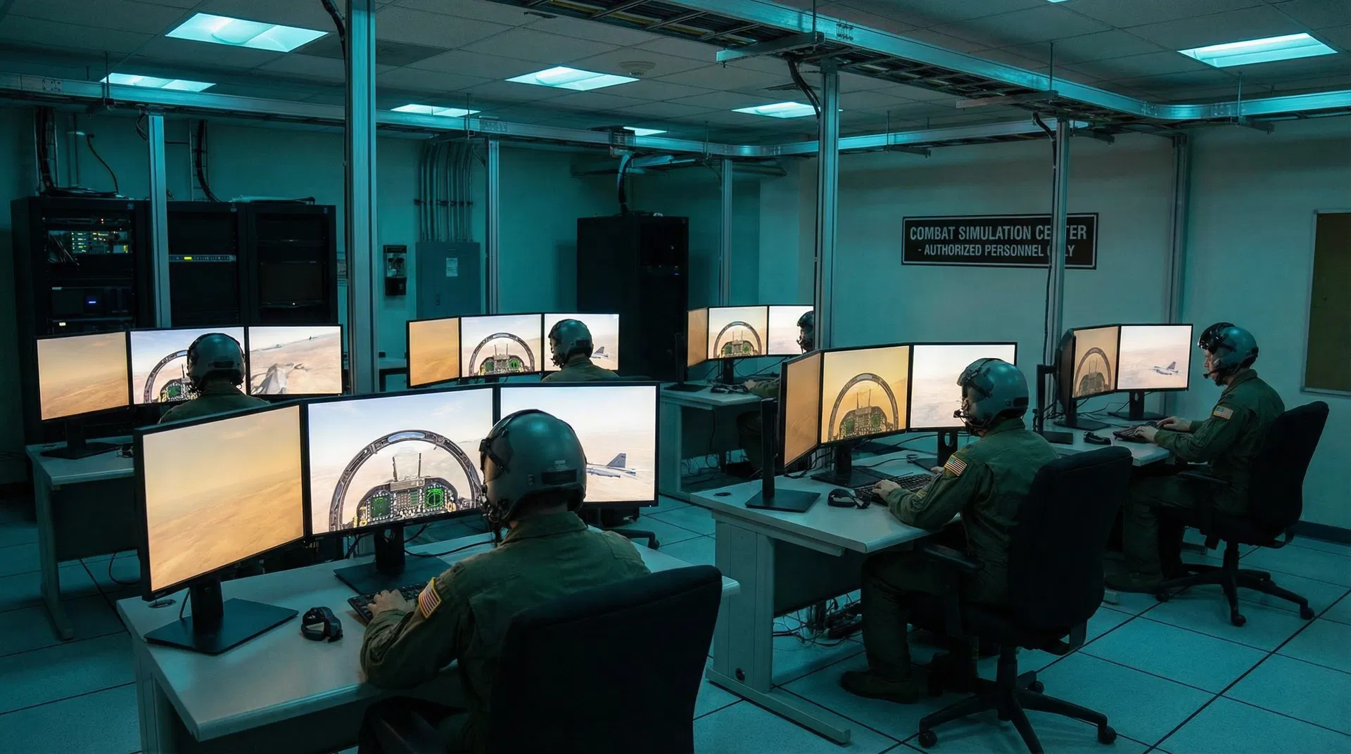 Combat simulation center with multiple training stations